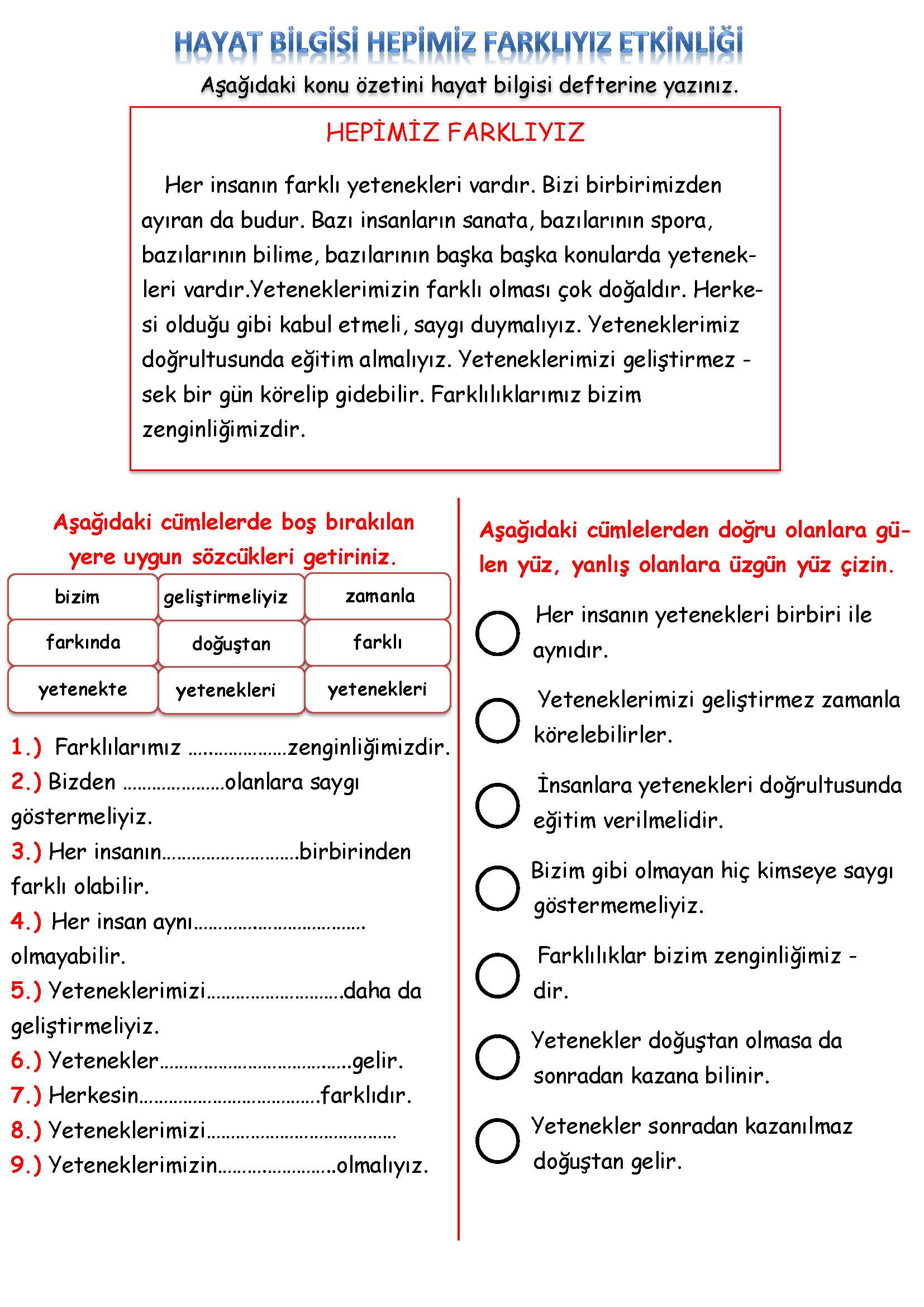 2. Sınıf Hayat Bilgisi Hepimiz Farklıyız Etkinliği