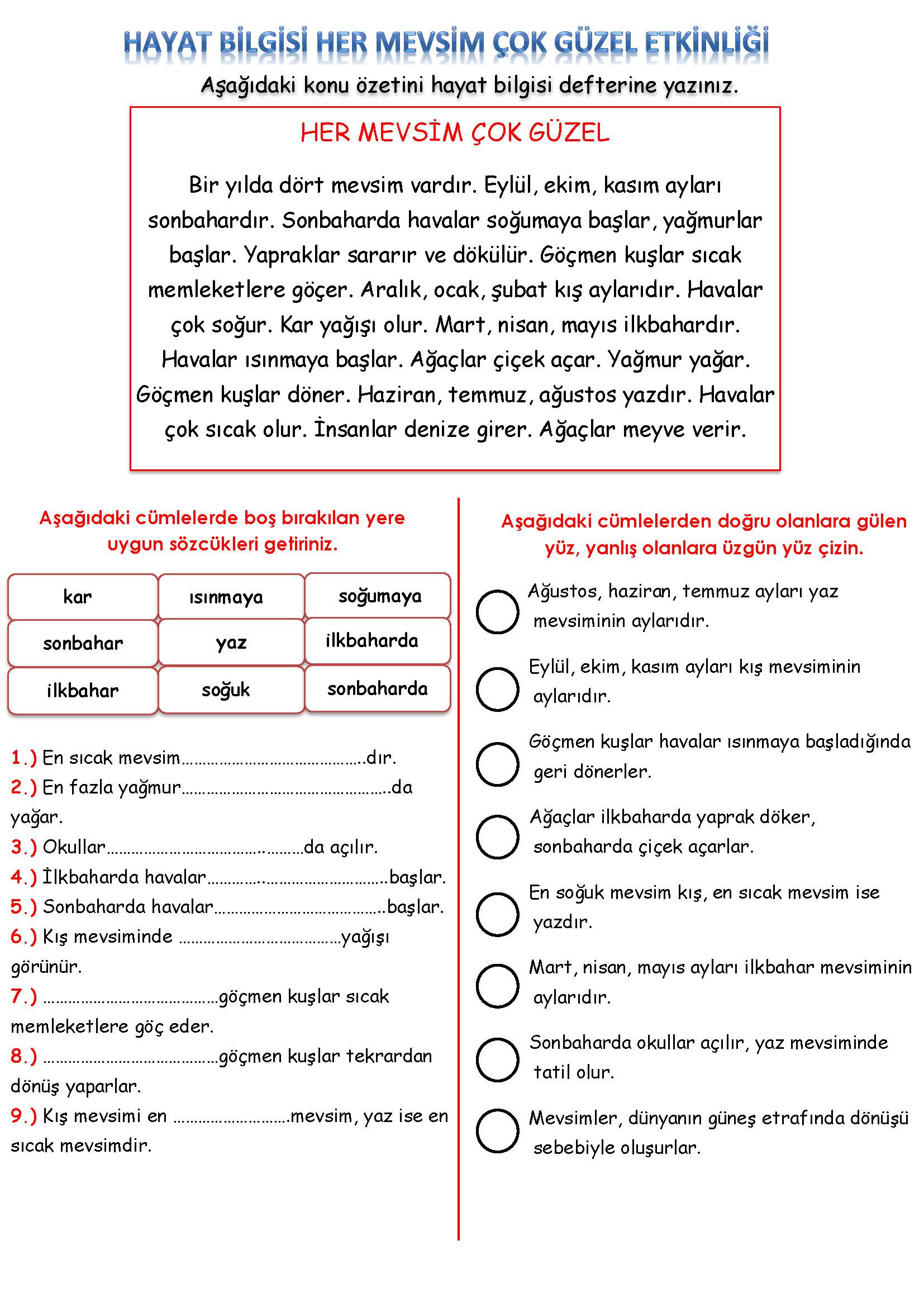 2. Sınıf Hayat Bilgisi Her Mevsim Çok Güzel Etkinliği