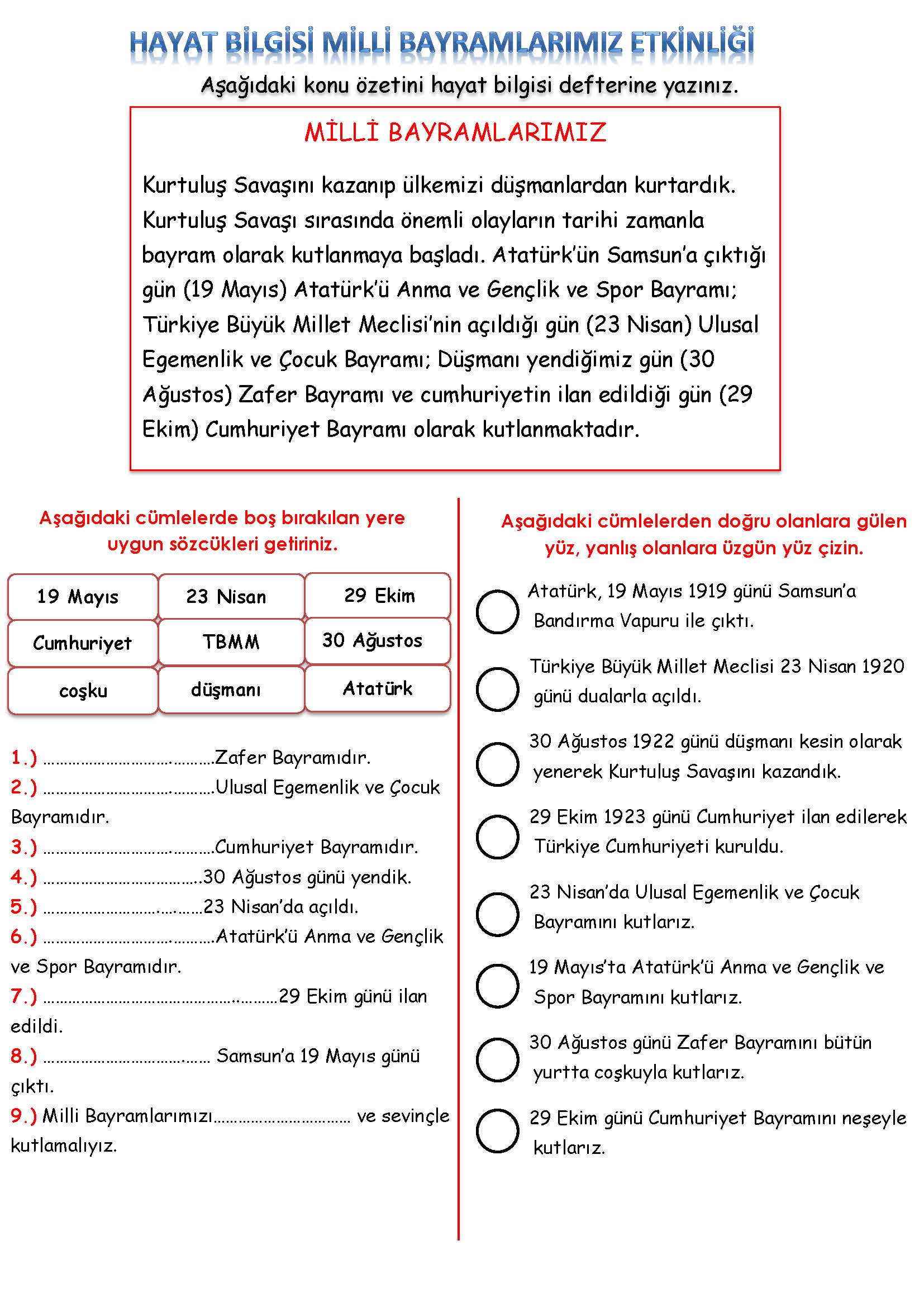 2. Sınıf Hayat Bilgisi Milli Bayramlarımız Etkinliği