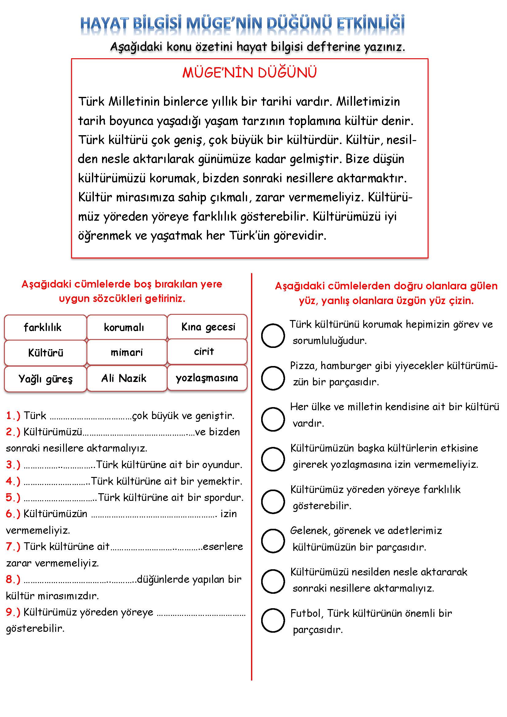 2. Sınıf Hayat Bilgisi Mügenin Düğünü Etkinliği