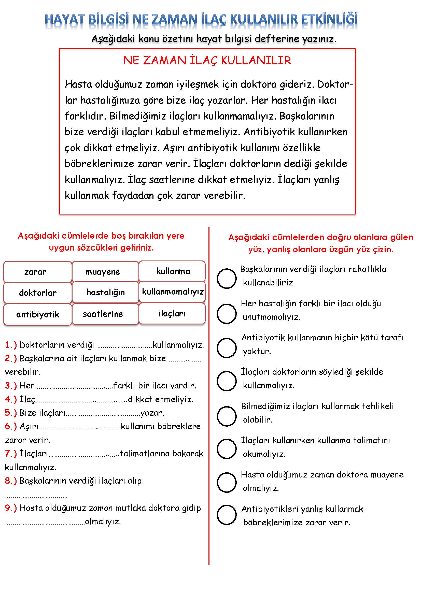 2. Sınıf Hayat Bilgisi Ne Zaman İlaç Kullanılır Etkinliği