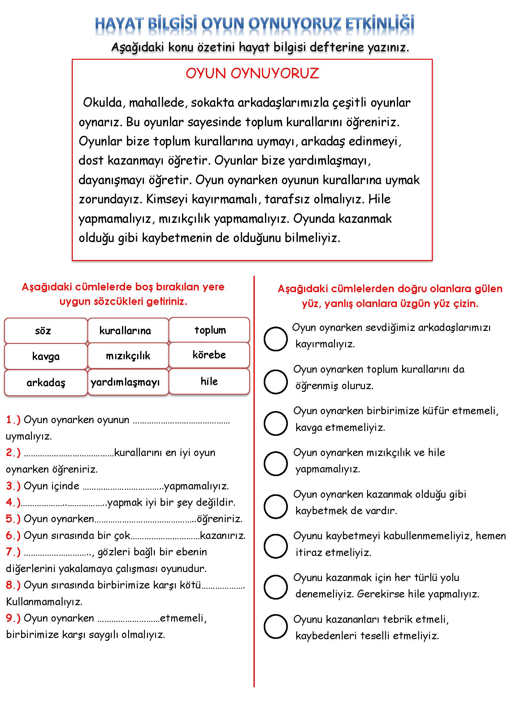 2. Sınıf Hayat Bilgisi Oyun Oynuyoruz Etkinliği