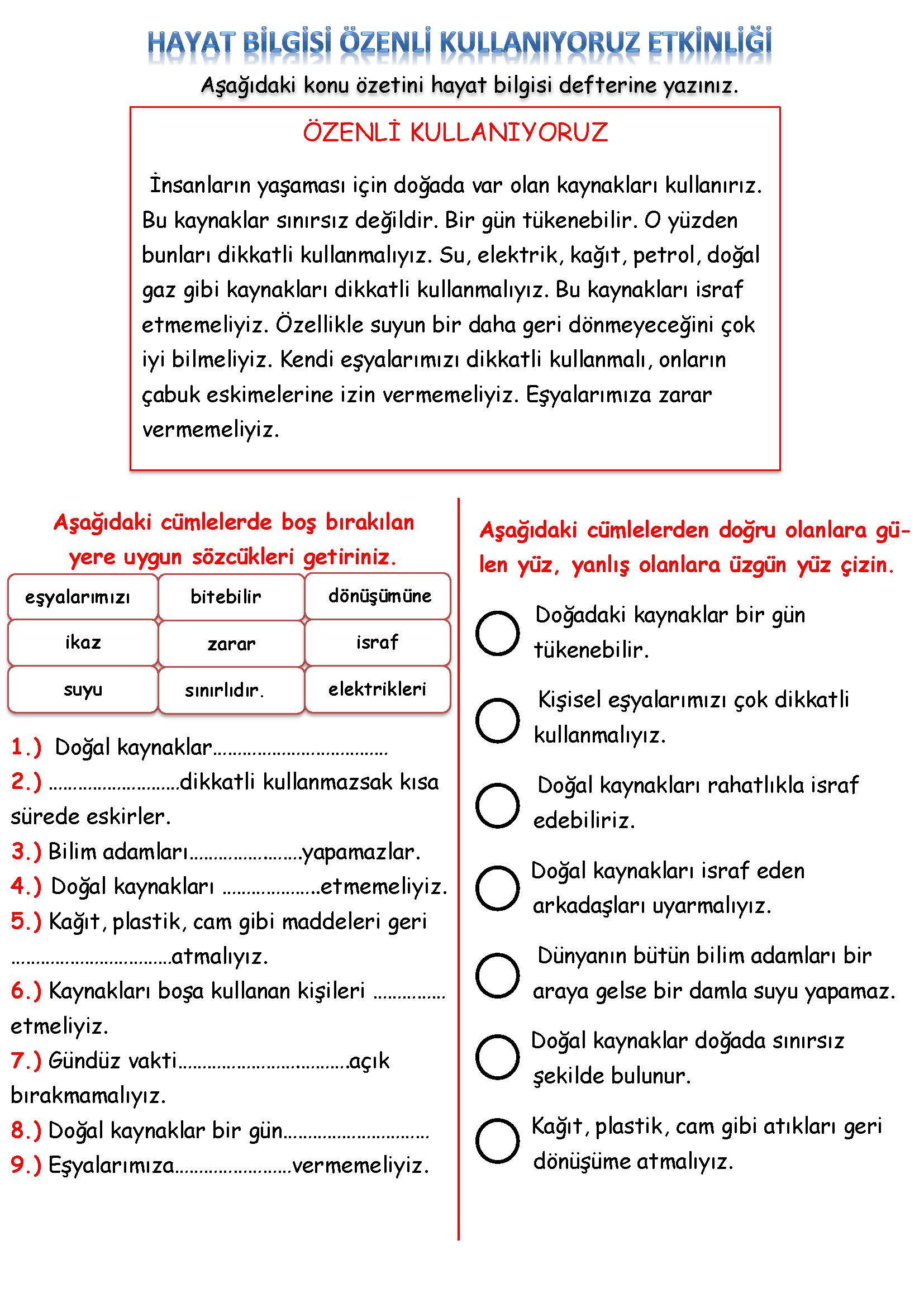 2. Sınıf Hayat Bilgisi Özenli Kullanıyoruz Etkinliği