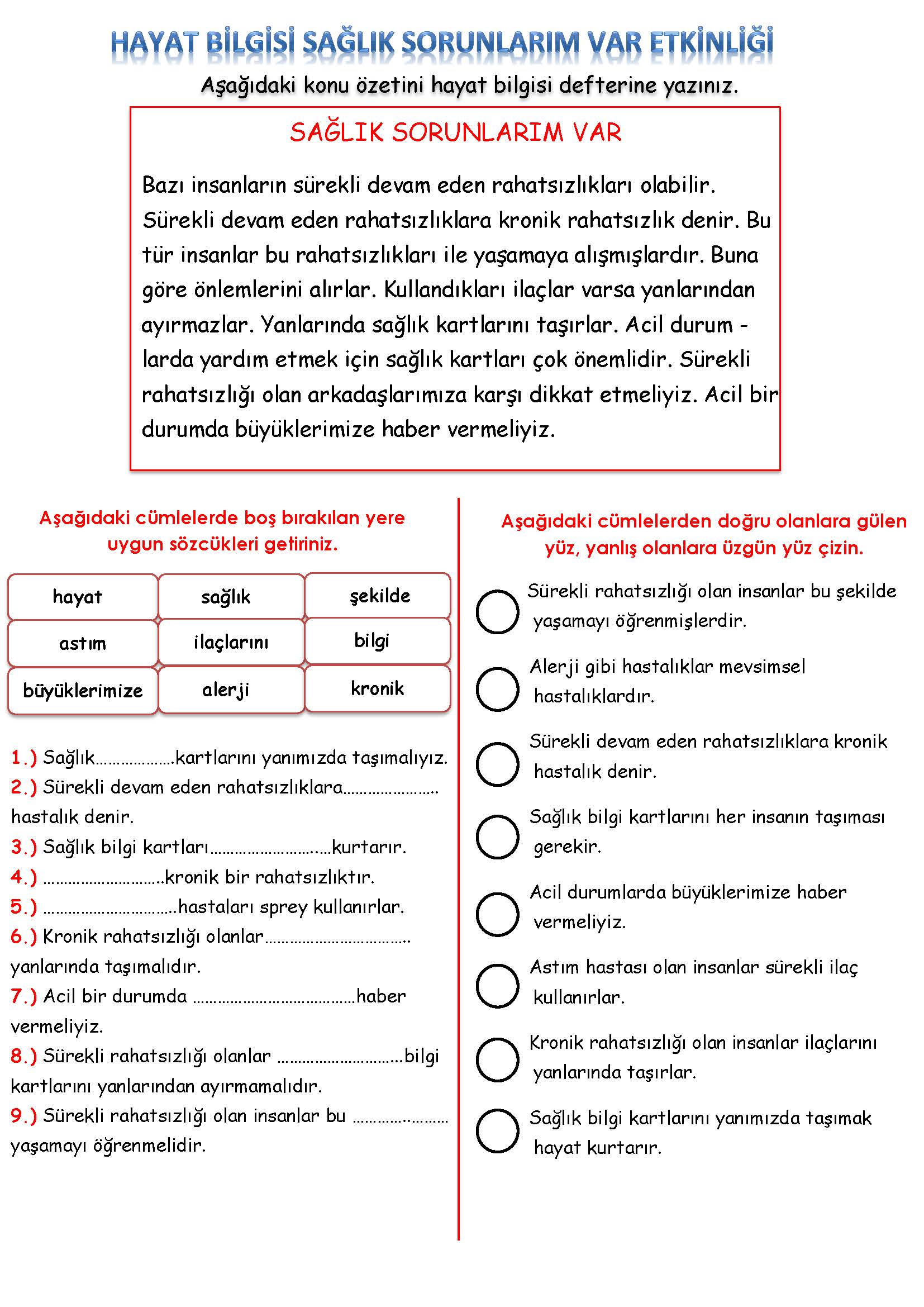 2. Sınıf Hayat Bilgisi Sağlık Sorunlarım Var Etkinliği