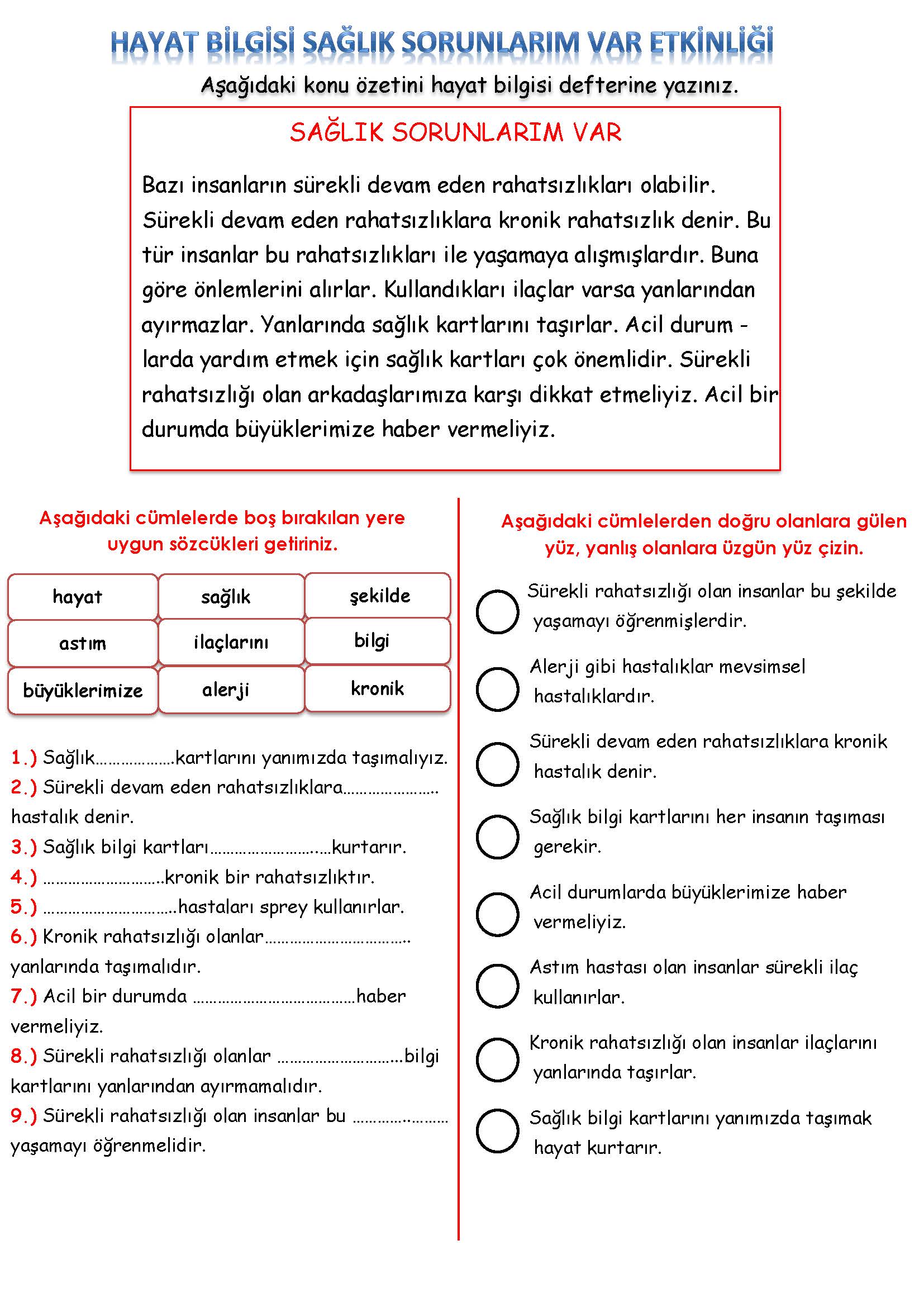 2. Sınıf Hayat Bilgisi Sağlık Sorunlarım Var Etkinliği