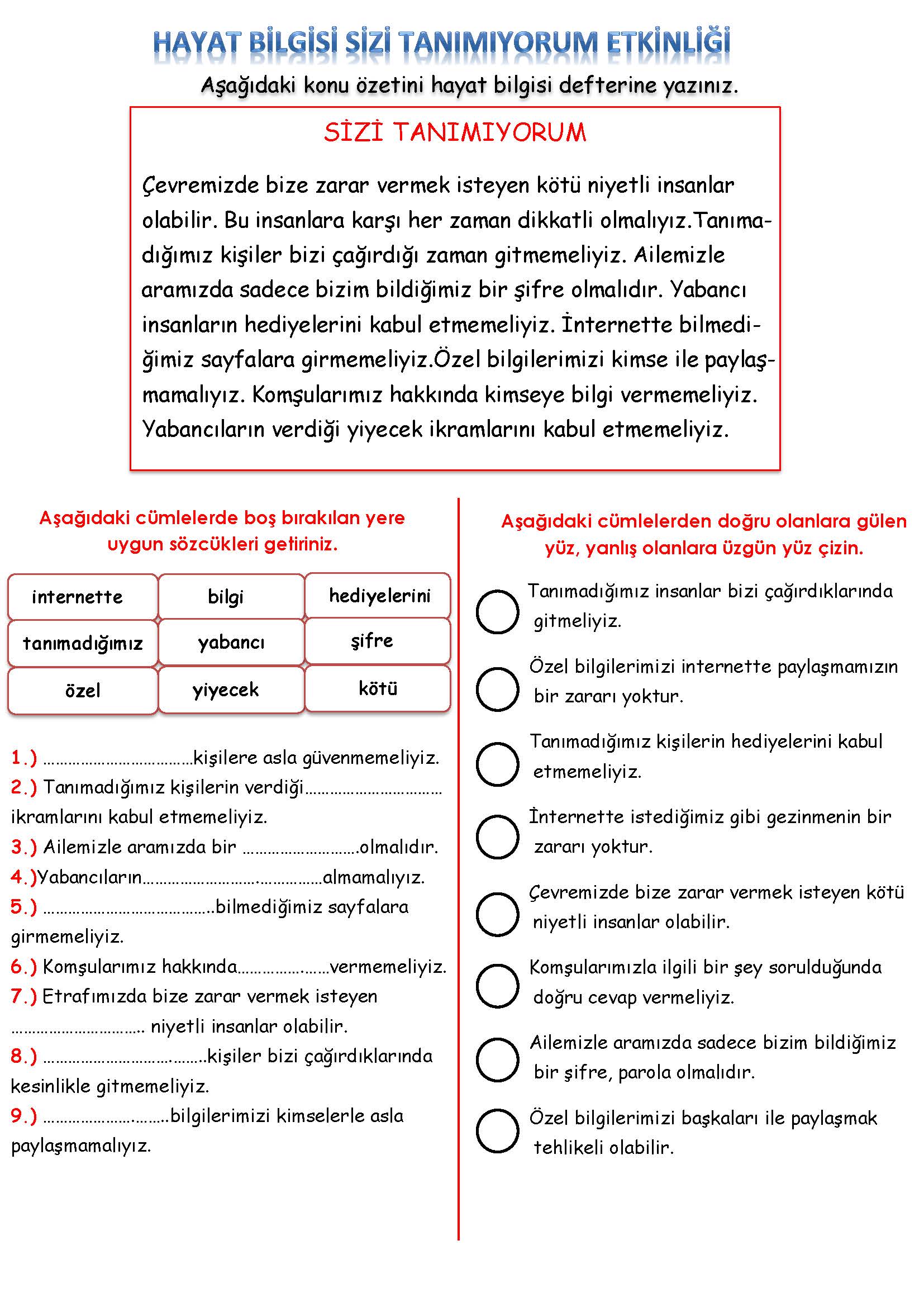 2. Sınıf Hayat Bilgisi Sizi Tanımıyorum Etkinliği