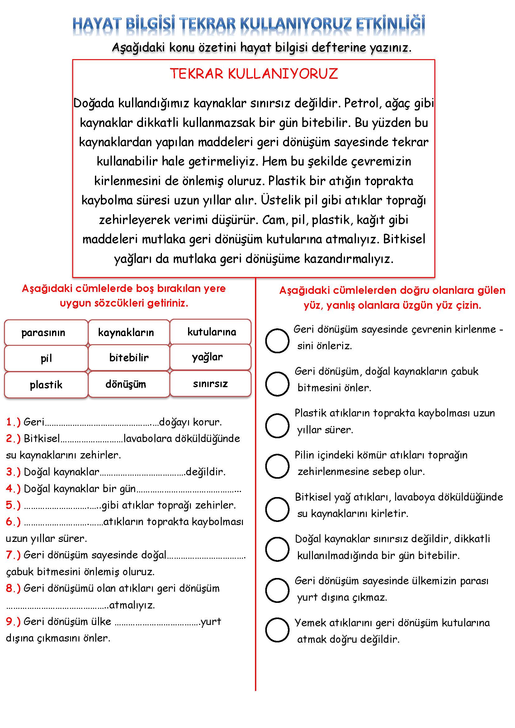 2. Sınıf Hayat Bilgisi Tekrar Kullanıyoruz Etkinliği