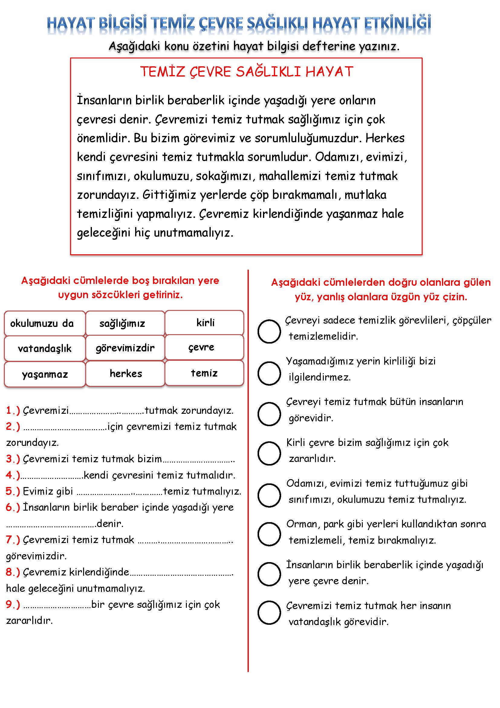 2. Sınıf Hayat Bilgisi Temiz Çevre Sağlıklı Hayat Etkinliği