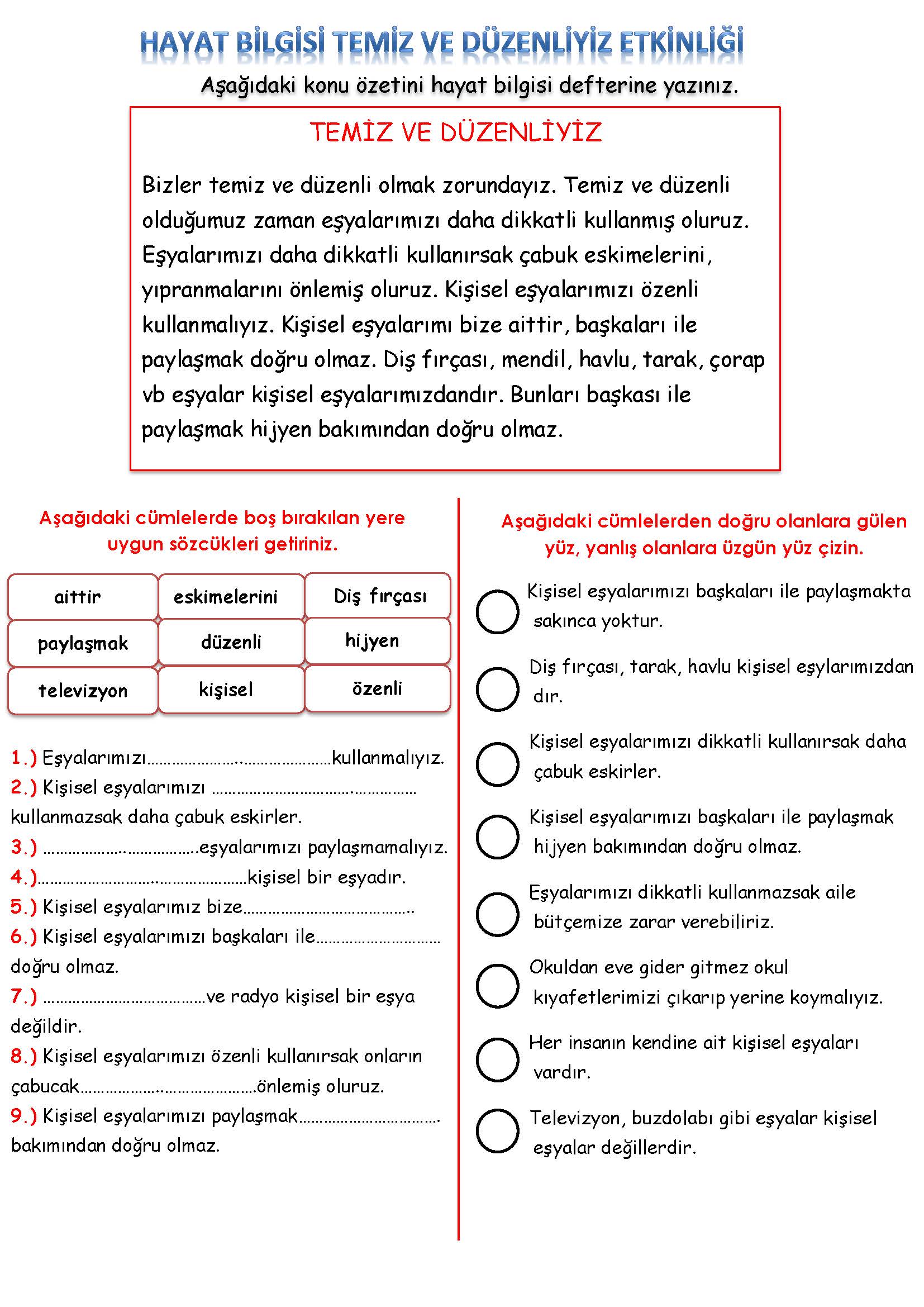 2. Sınıf Hayat Bilgisi Temiz ve Düzenliyiz Etkinliği