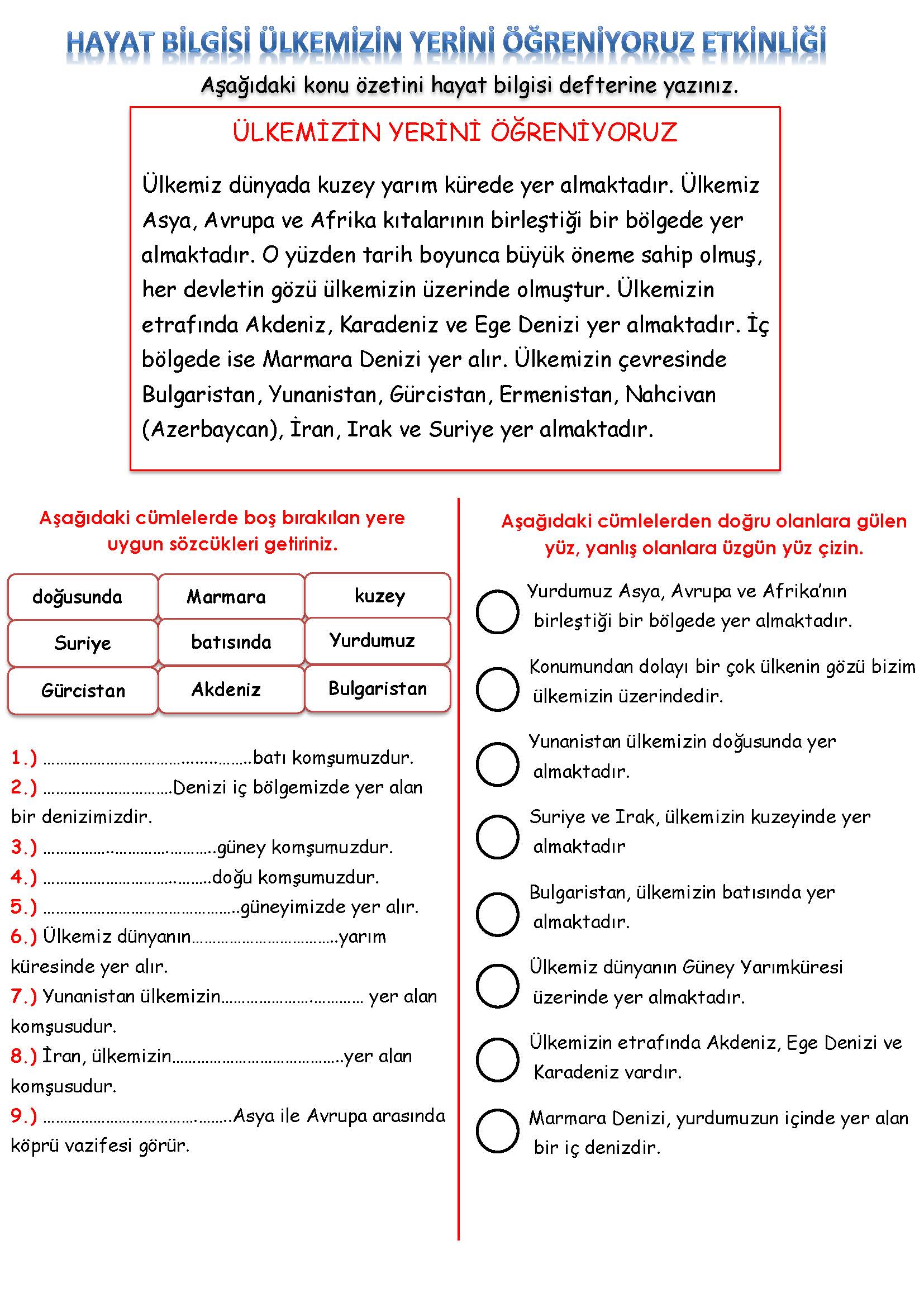 2. Sınıf Hayat Bilgisi Ülkemizin Yerini Öğreniyoruz Etkinliği