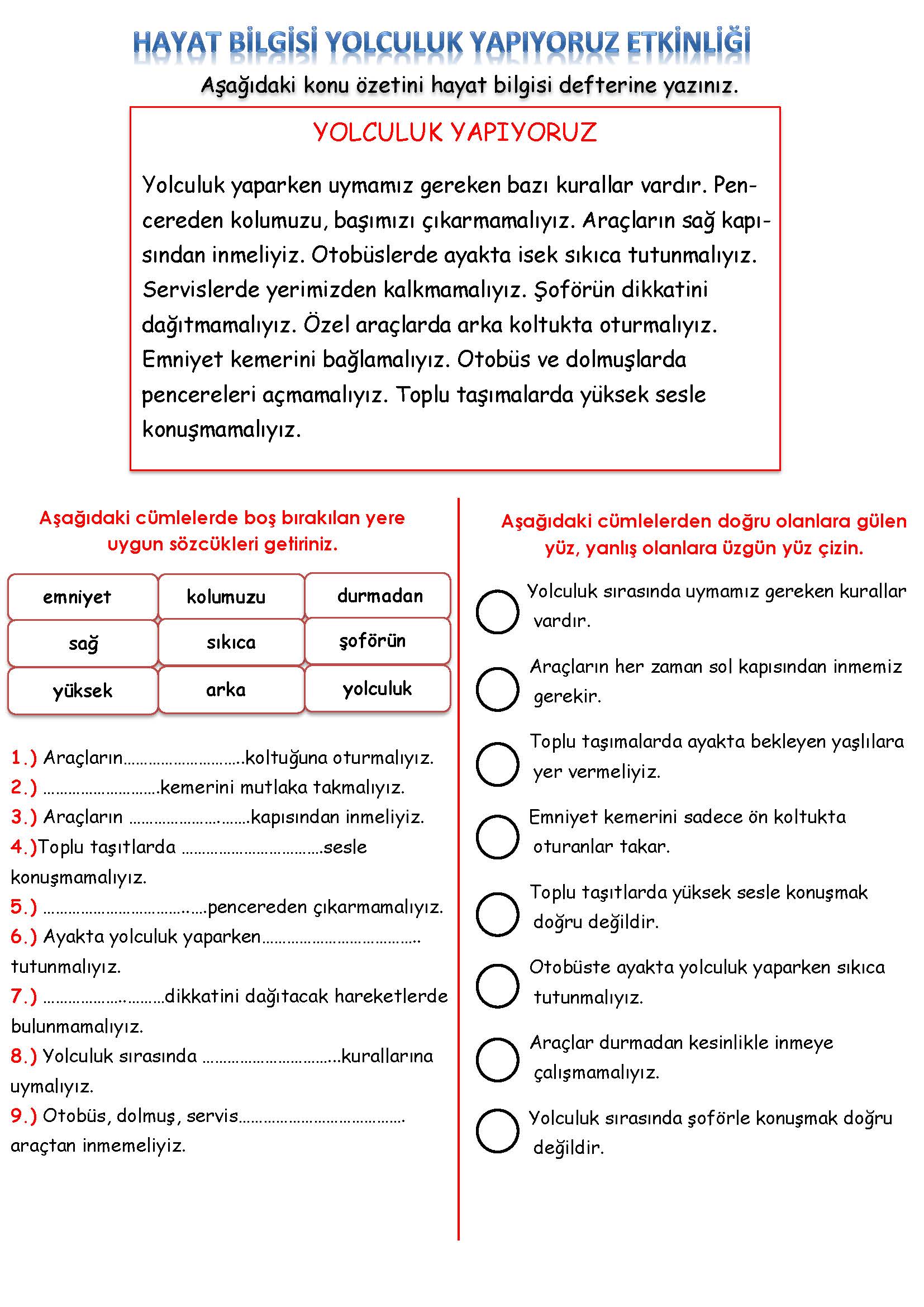 2. Sınıf Hayat Bilgisi Yolculuk Yapıyoruz Etkinliği