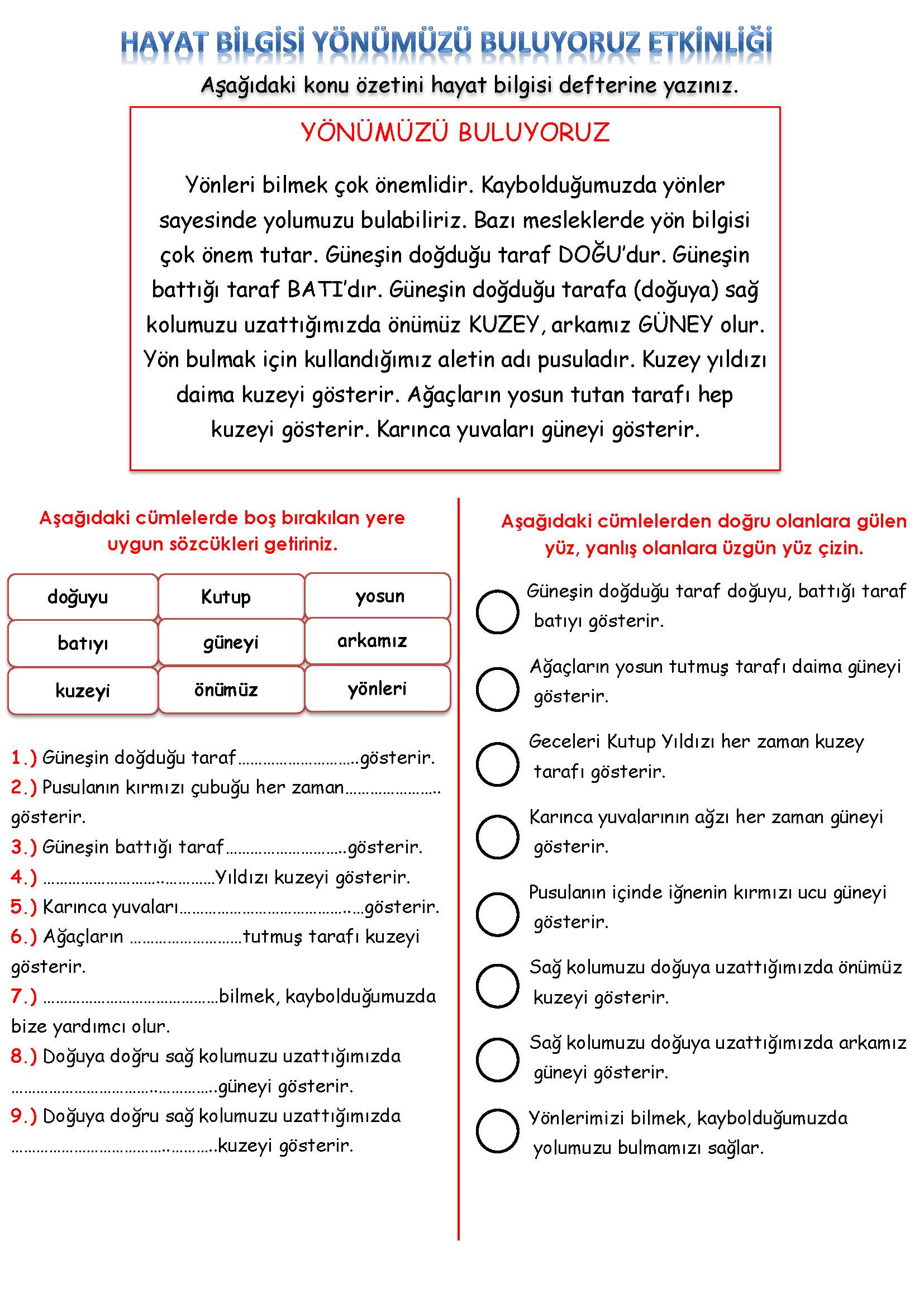 2. Sınıf Hayat Bilgisi Yönümüzü Buluyoruz Etkinliği