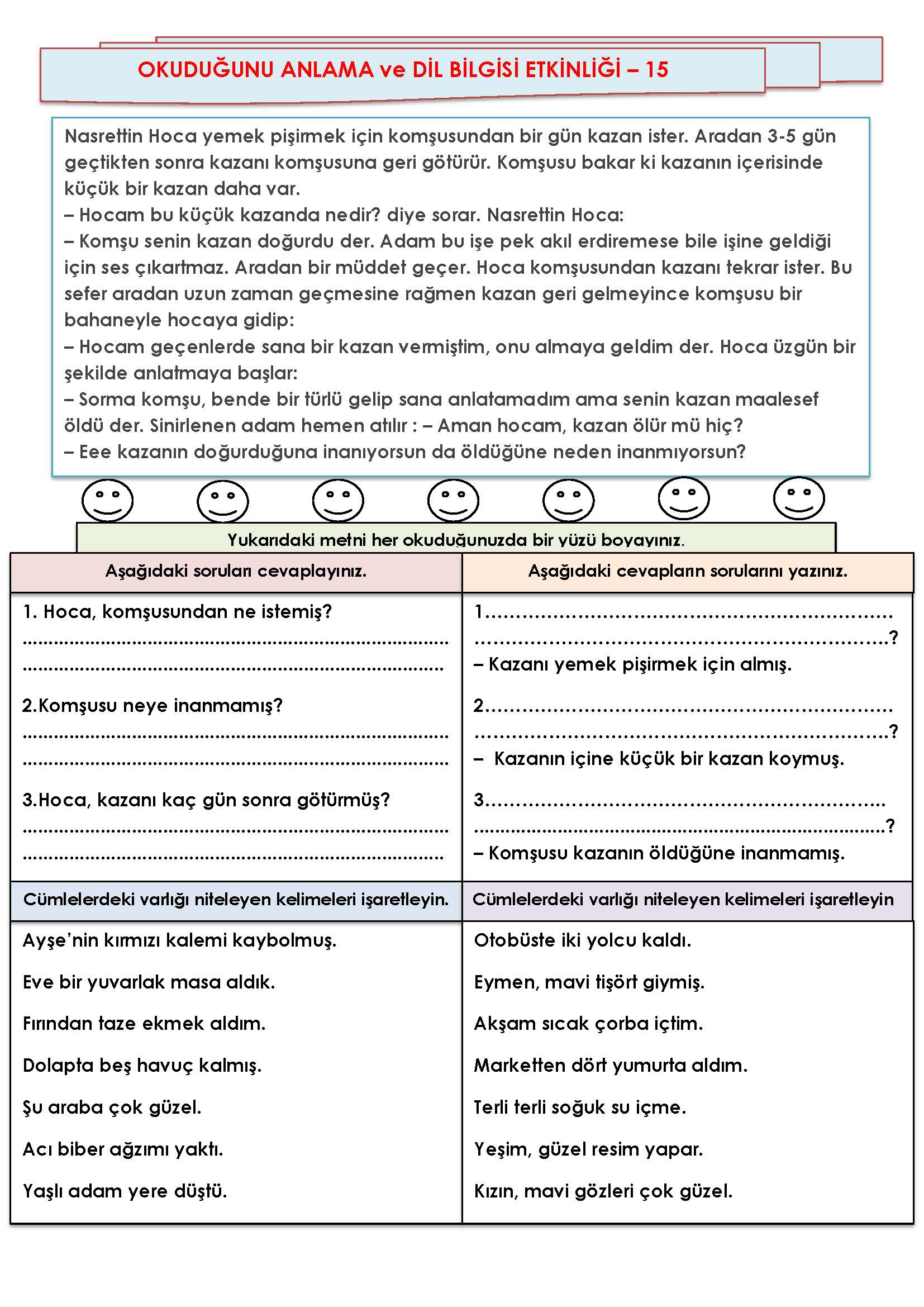 2. Sınıf Türkçe Okuduğunu Anlama ve Dil Bilgisi Etkinliği-15