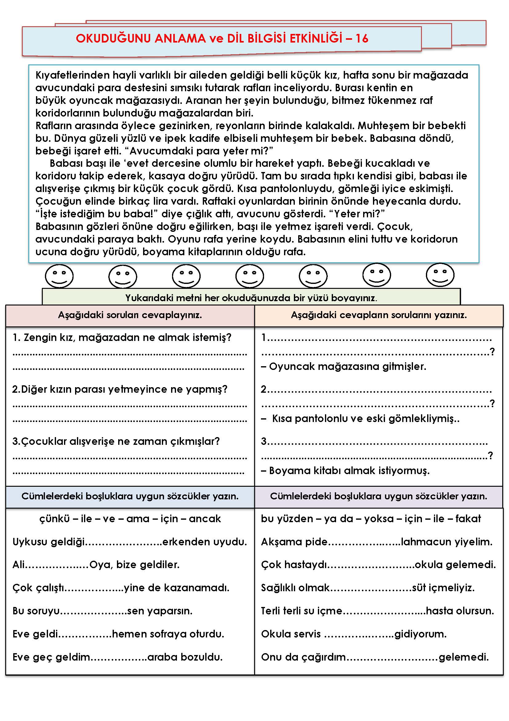 2. Sınıf Türkçe Okuduğunu Anlama ve Dil Bilgisi Etkinliği-16