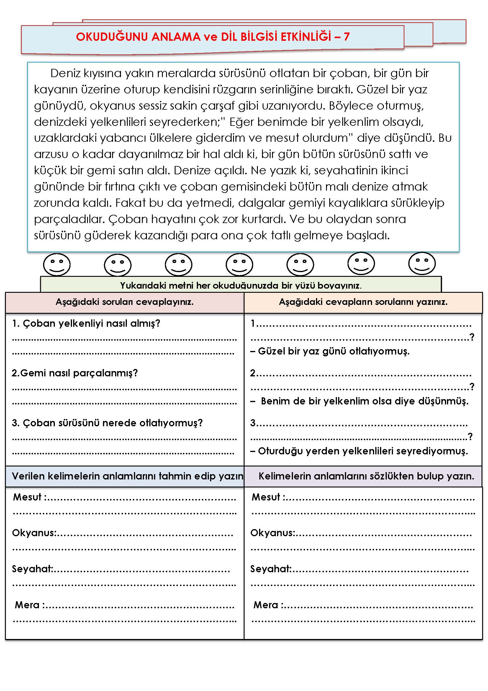 2. Sınıf Türkçe Okuduğunu Anlama ve Dil Bilgisi Etkinliği-7