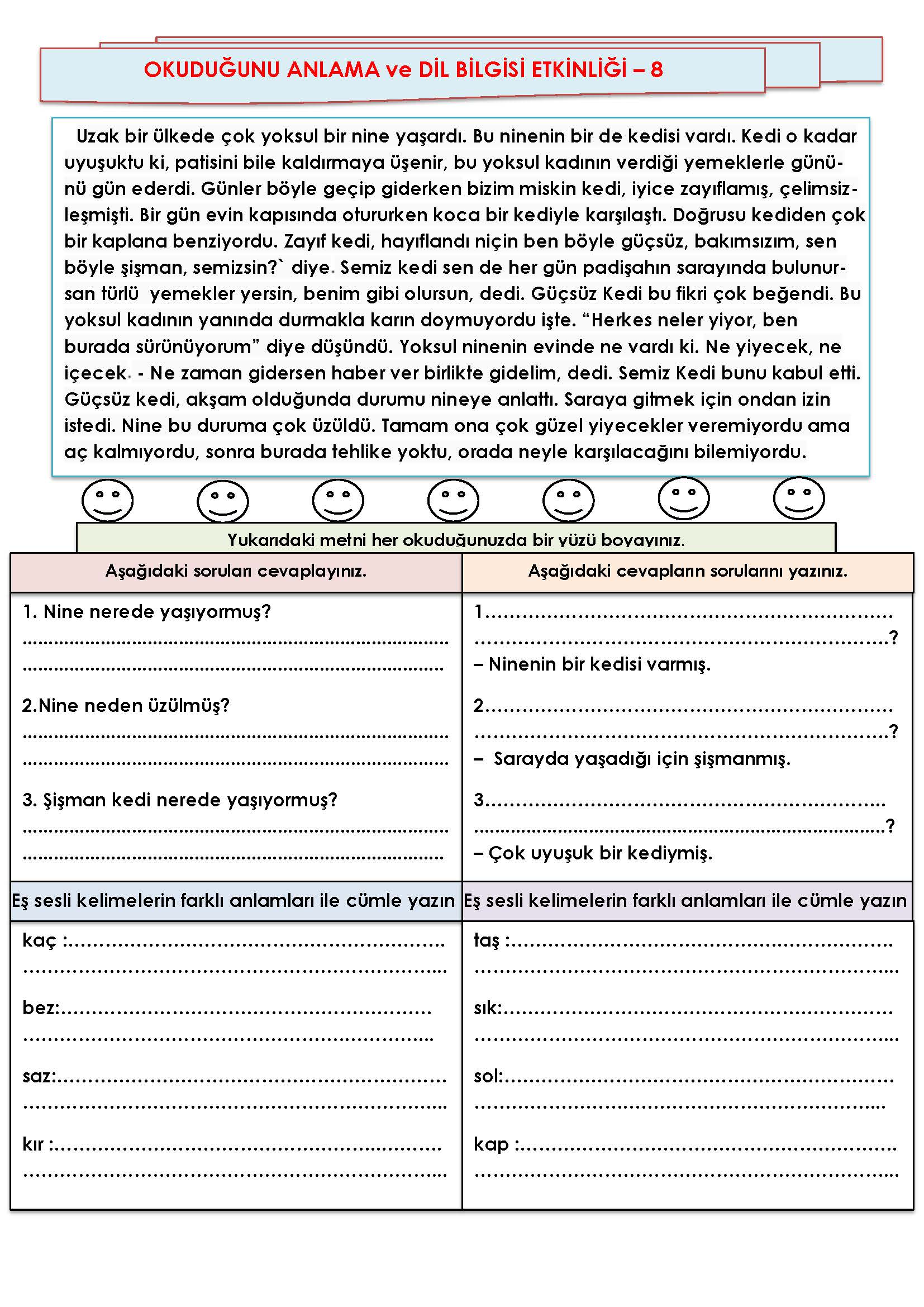 2. Sınıf Türkçe Okuduğunu Anlama ve Dil Bilgisi Etkinliği-8