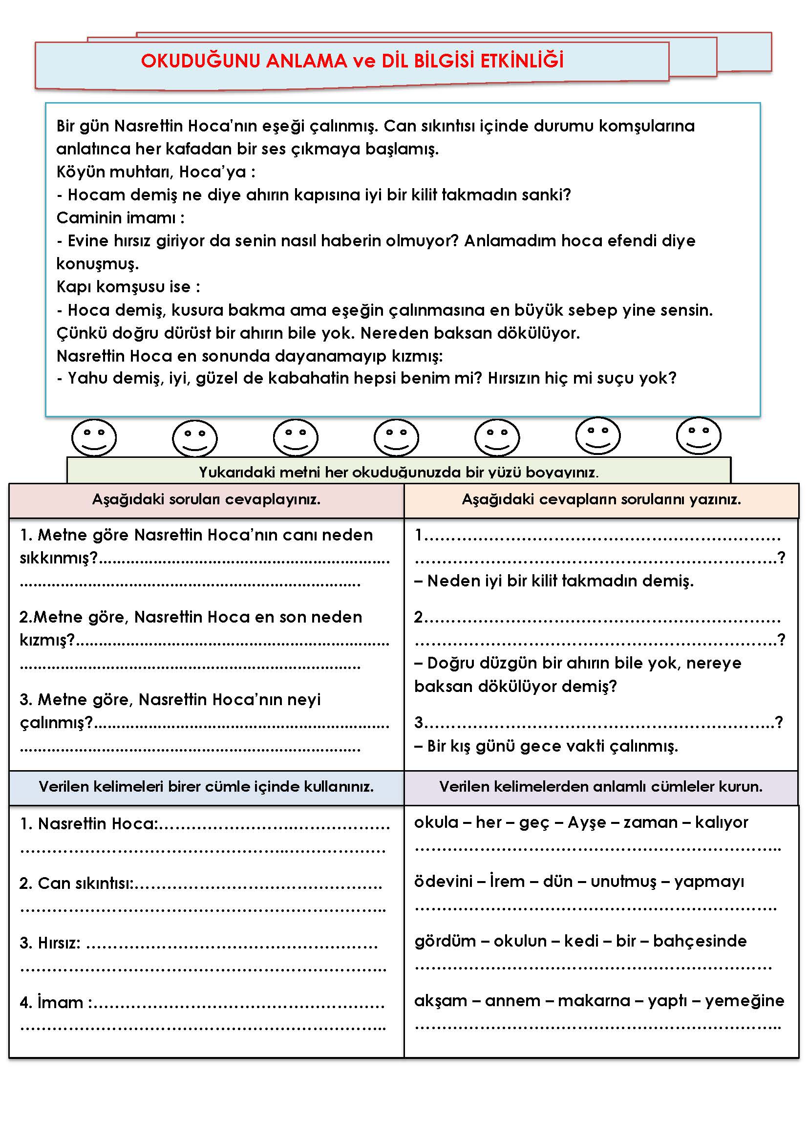 2. Sınıf Türkçe Okuduğunu Anlama ve Dil Bilgisi Etkinliği