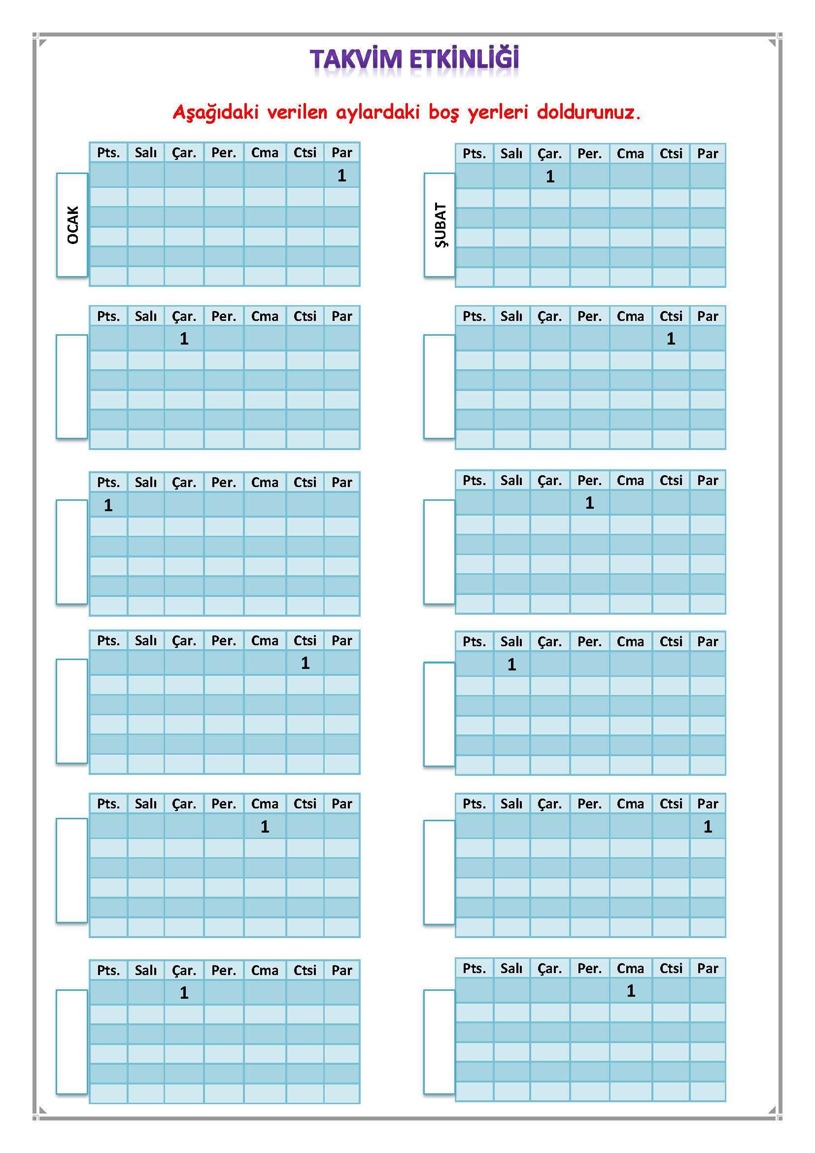 1. Sınıf Matematik Takvimler Etkinliği