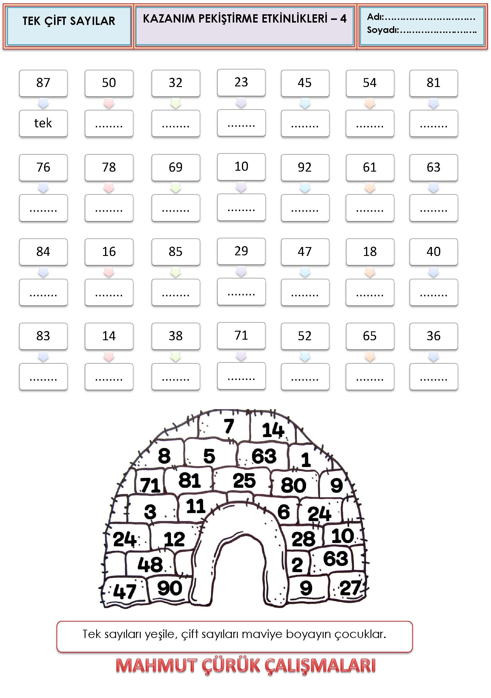 2. Sınıf Matematik Tek Çift Sayılar Pekiştirme Etkinliği