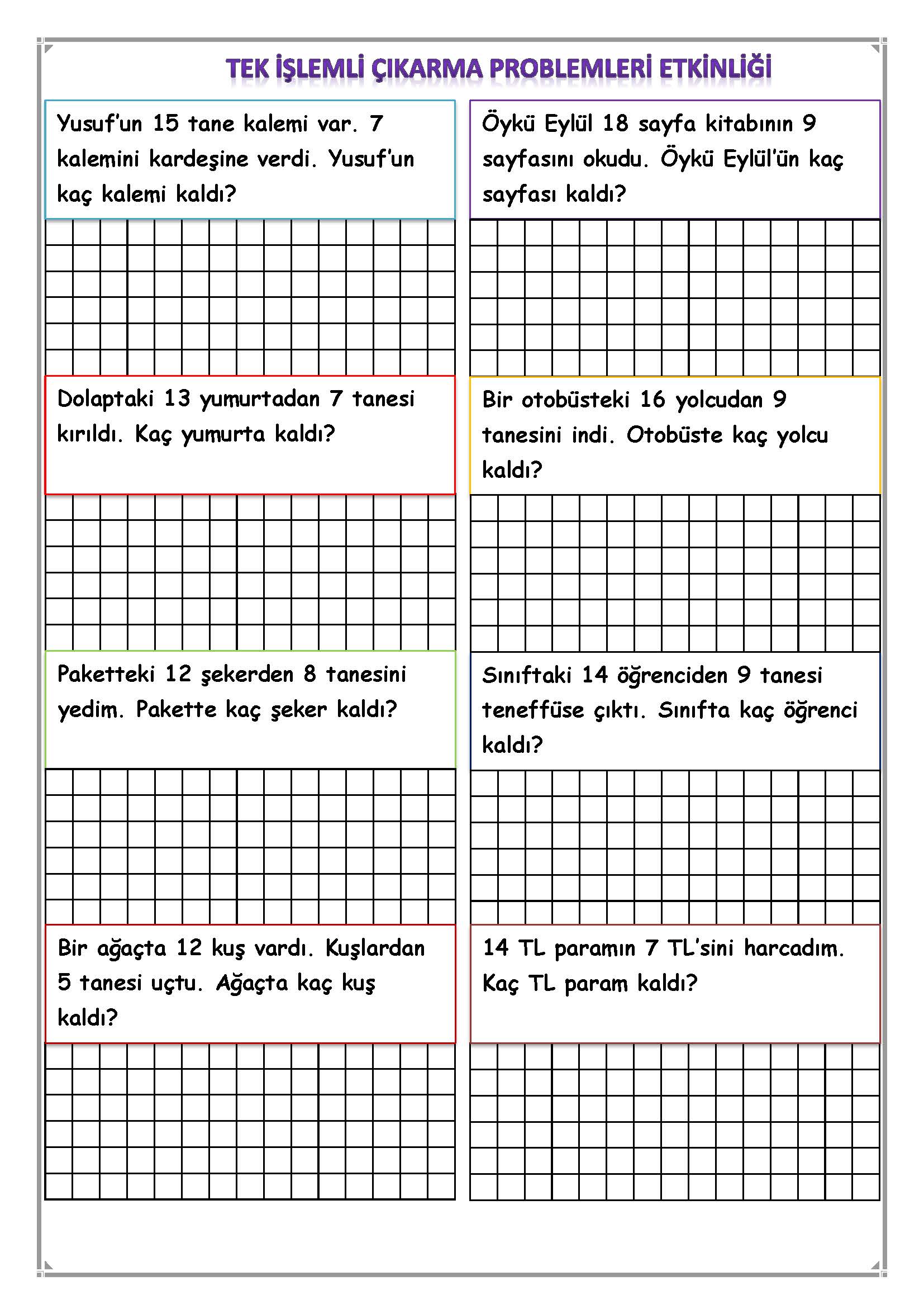 1. Sınıf Matematik Tek İşlemli Çıkarma Problemleri Etkinliği