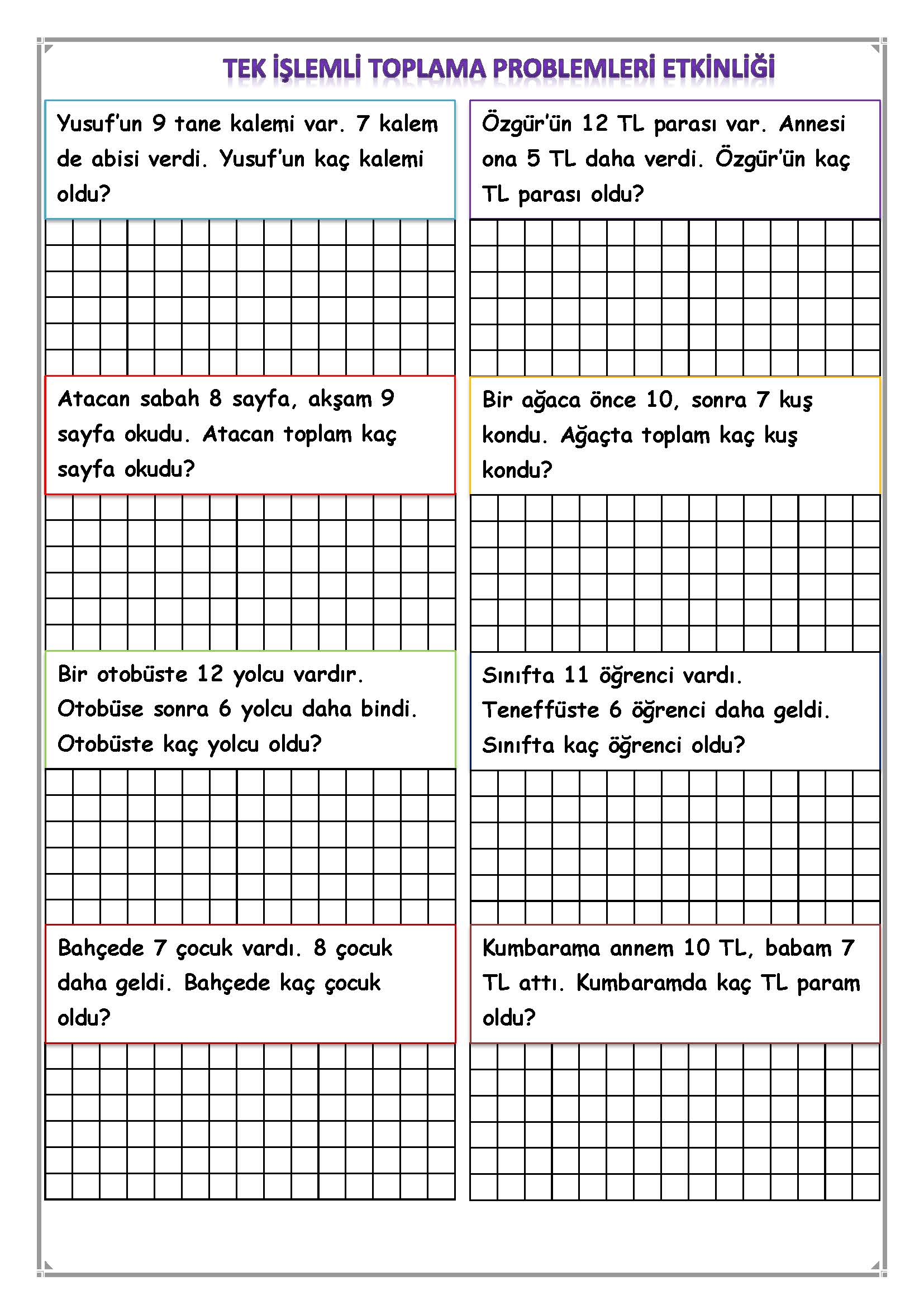 1. Sınıf Matematik Tek İşlemli Toplama Problemleri