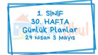 1. Sınıf 30. Hafta (29 Nisan - 3 Mayıs ) Günlük Planlar