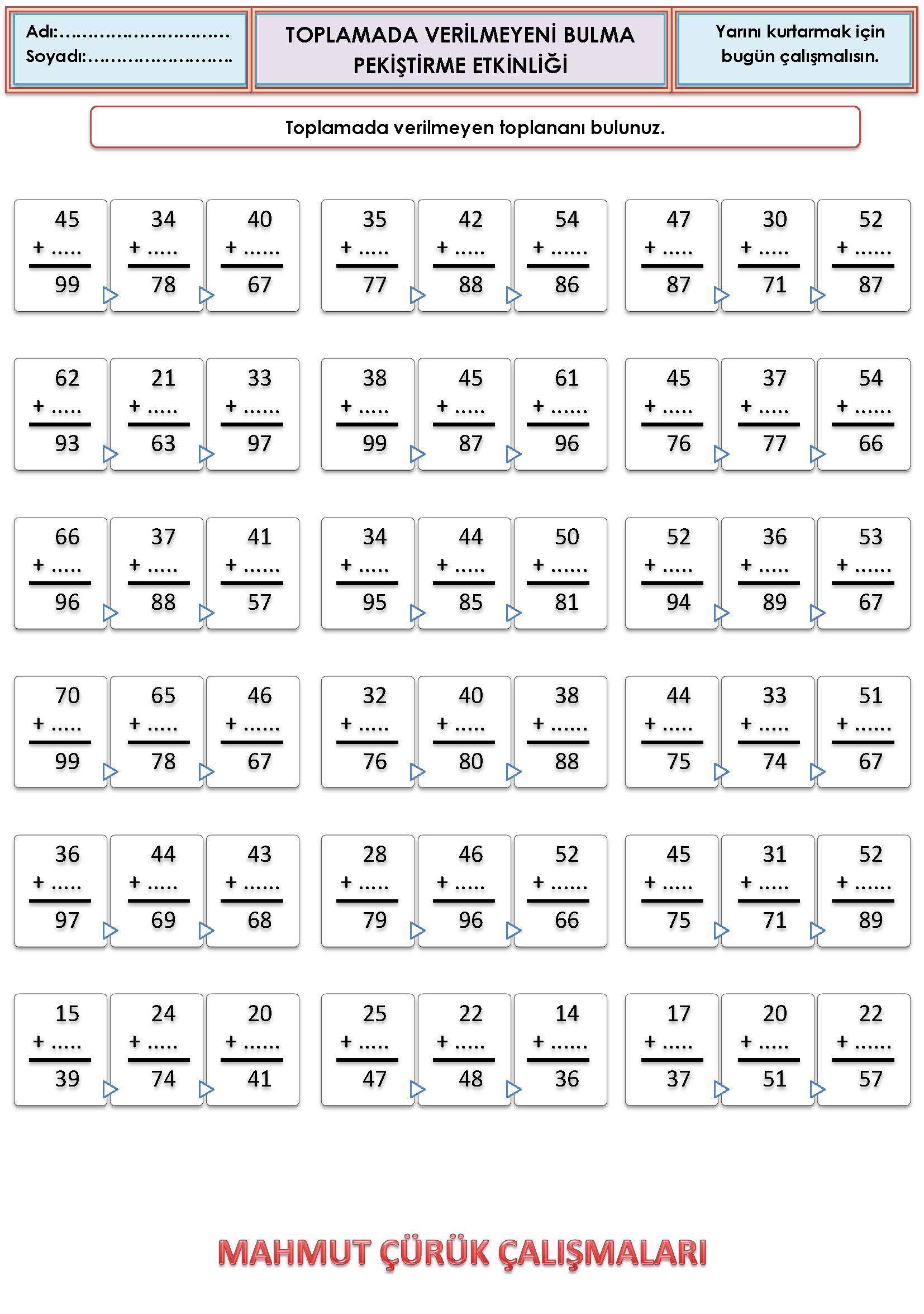 2. Sınıf Matematik Toplamada Verilmeyeni Bulma Pekiştirme Etkinliği