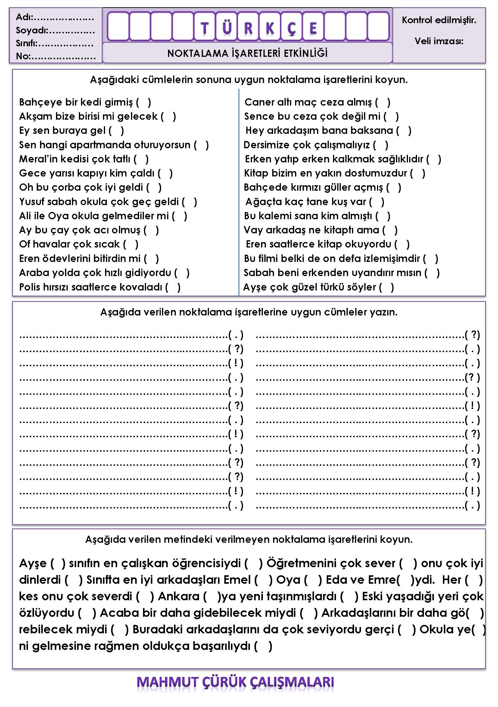 2. Sınıf Türkçe Noktalama İşaretleri Etkinliği Etkinliği