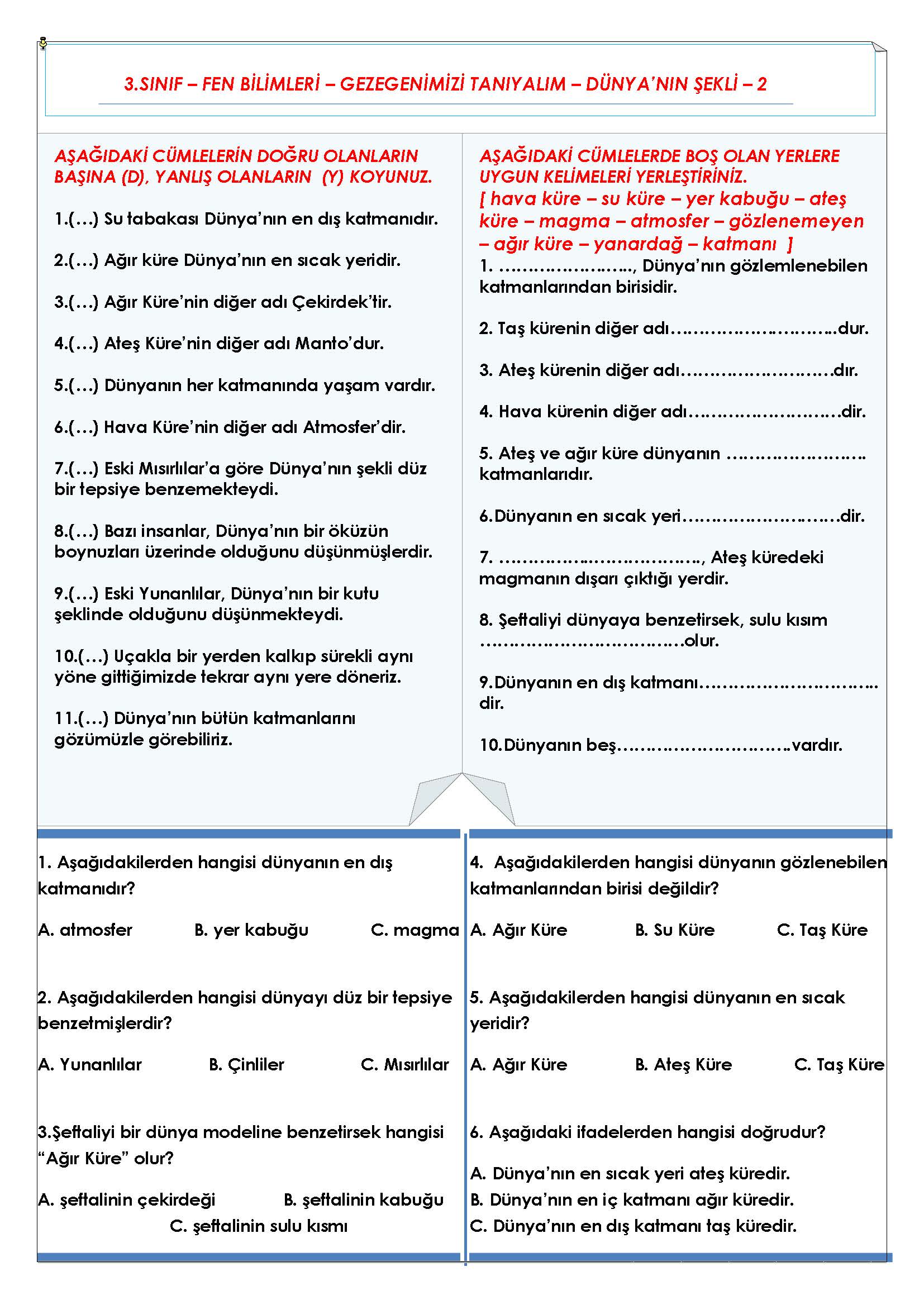 3. Sınıf Fen Bilimleri Gezegenimizi Tanıyalım - Dünyanın Şekli Etkinliği - 2