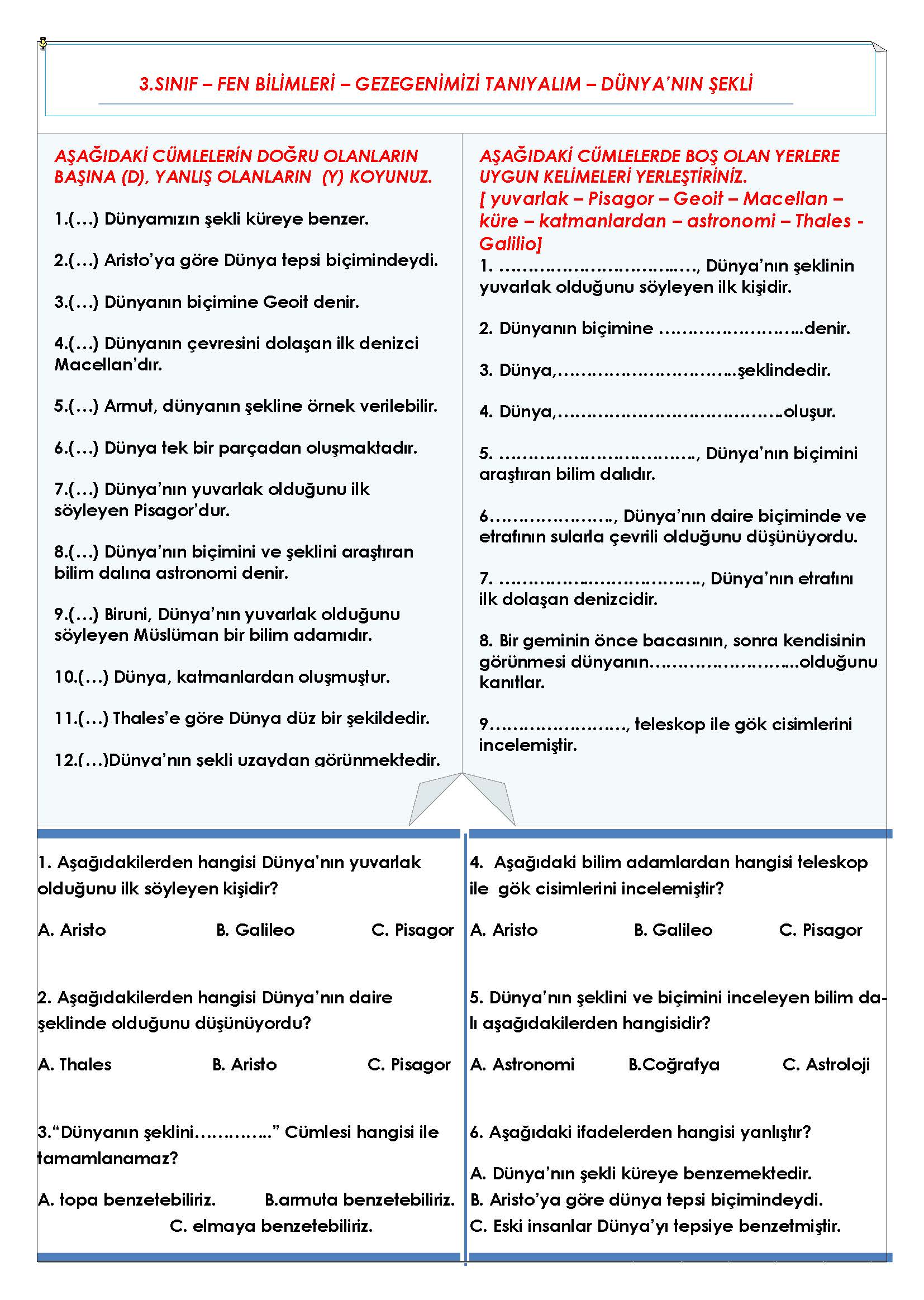 3. Sınıf Fen Bilimleri Gezegenimizi Tanıyalım - Dünyanın Şekli Etkinliği