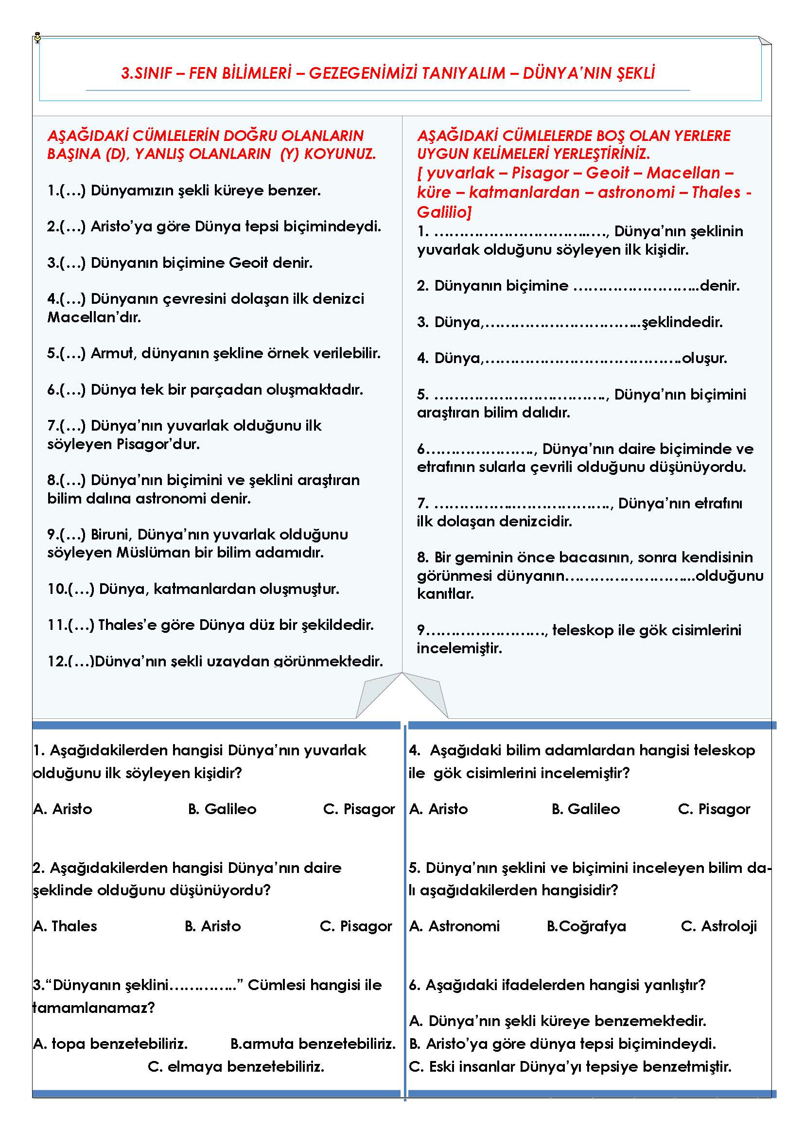 3. Sınıf Fen Bilimleri Gezegenimizi Tanıyalım - Dünyanın Şekli Etkinliği