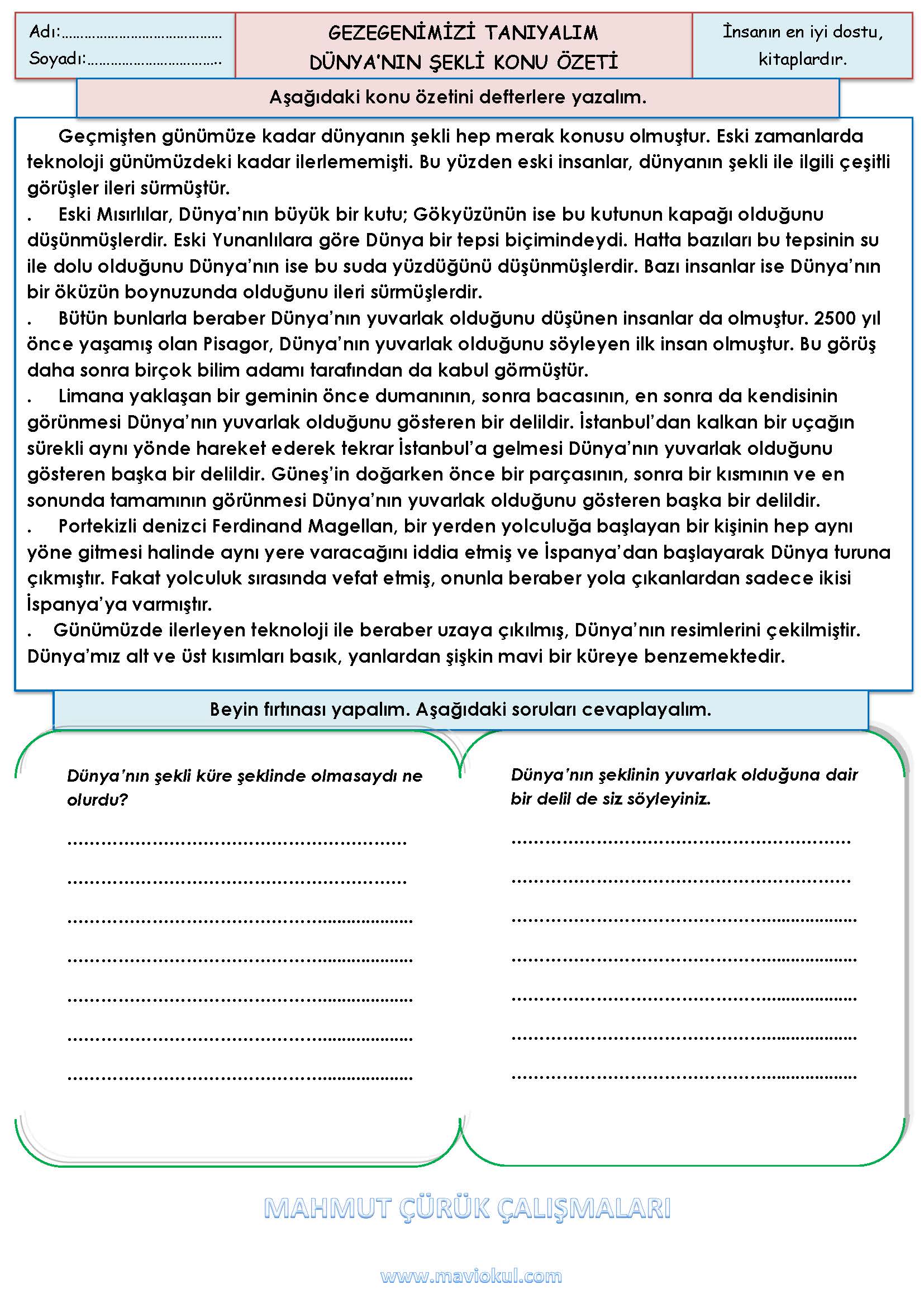 3. Sınıf Fen Bilimleri Gezegenimizi Tanıyalım - Dünya'nın Şekli Konu Özeti