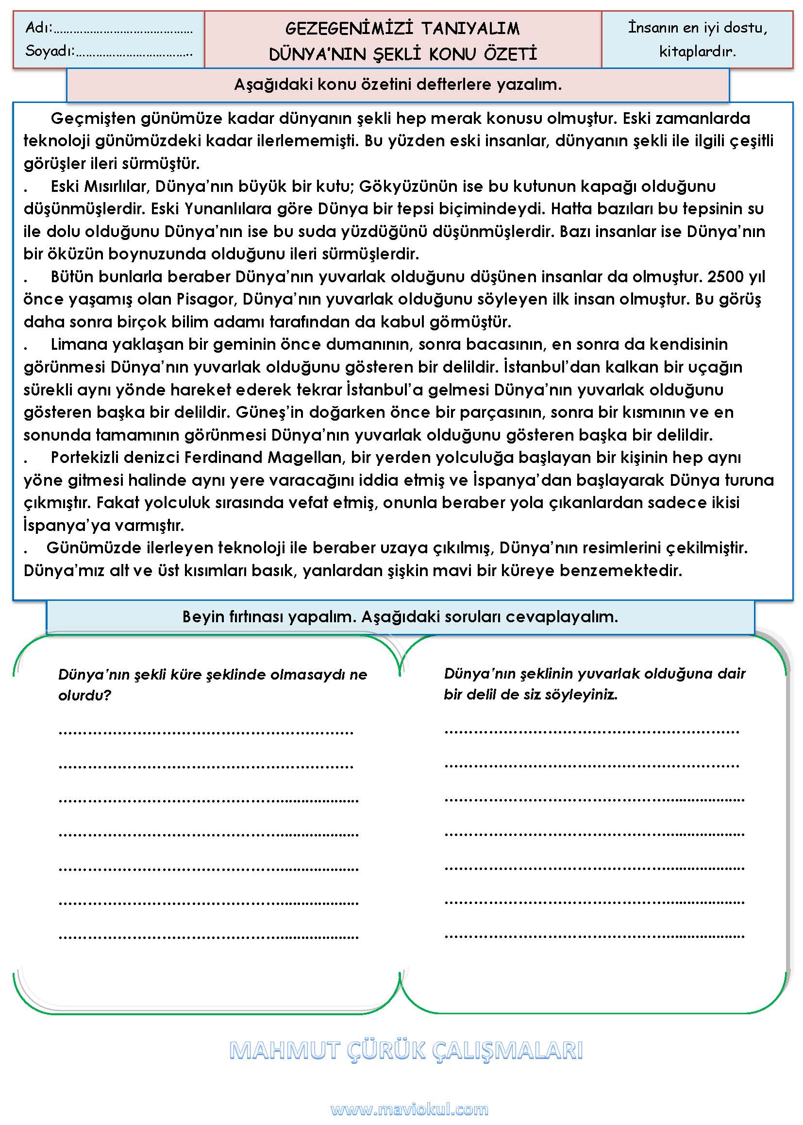 3. Sınıf Fen Bilimleri Gezegenimizi Tanıyalım - Dünya'nın Şekli Konu Özeti