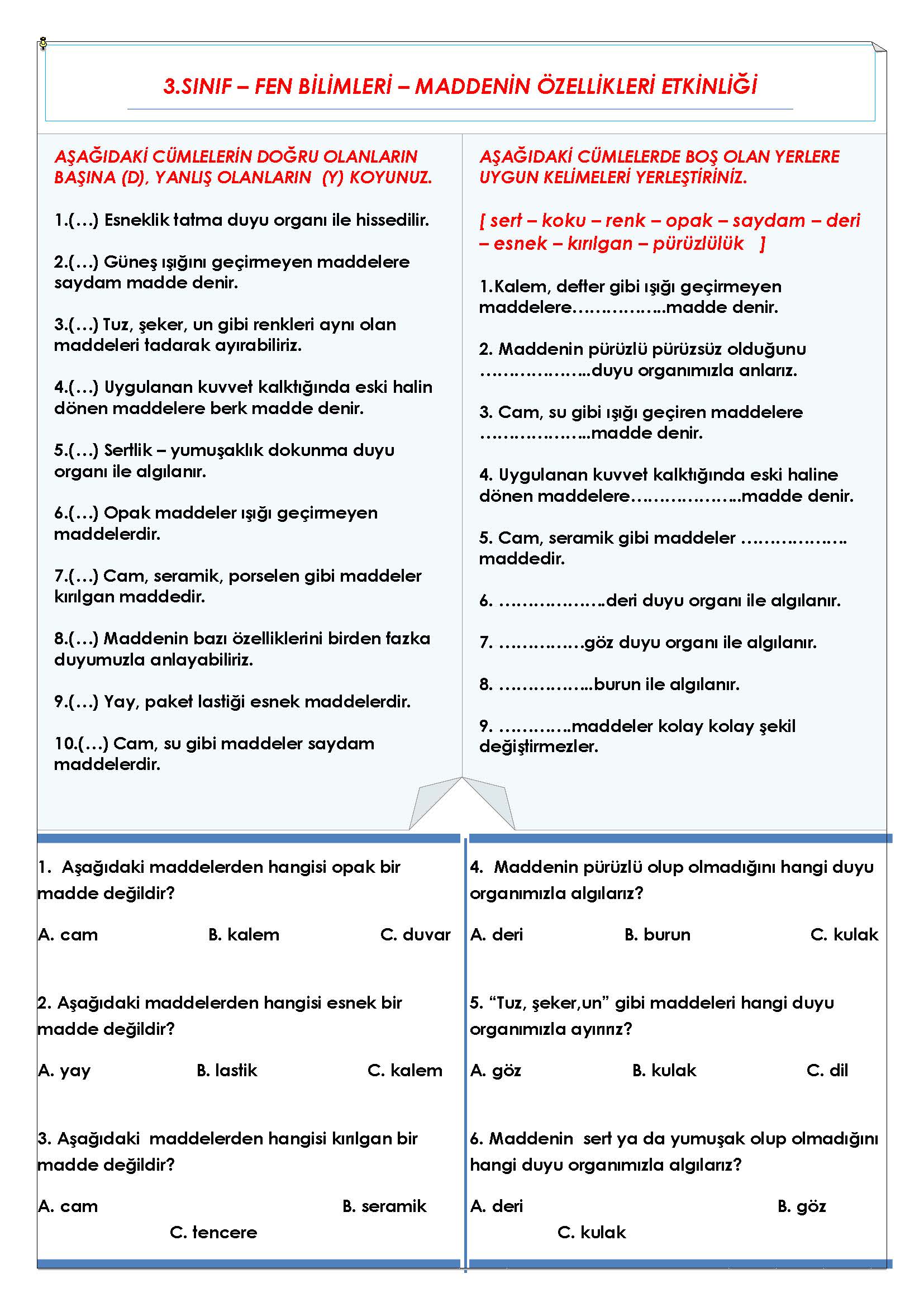 3. Sınıf Fen Bilimleri - Maddenin Özellikleri Etkinliği