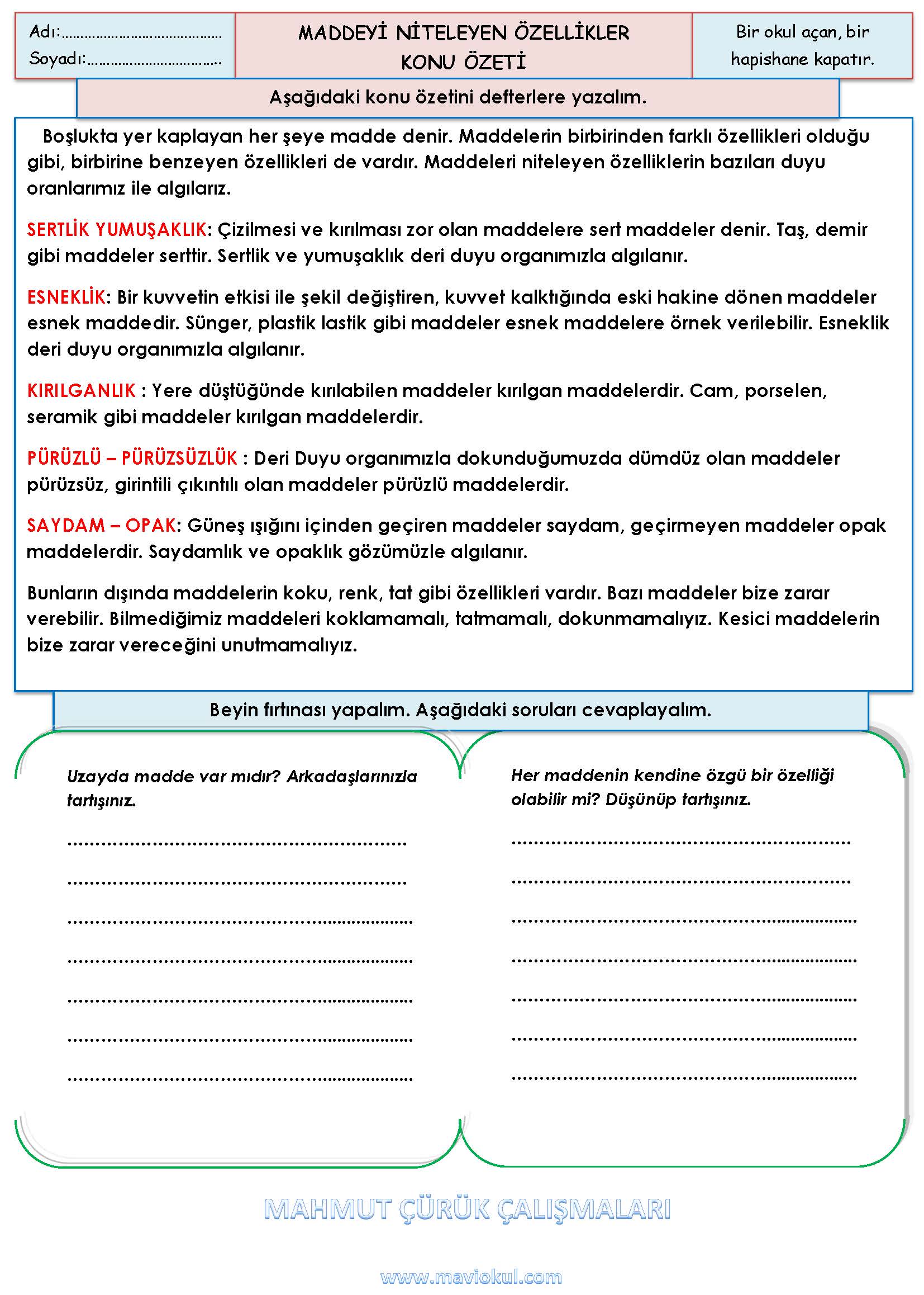 3. Sınıf Fen Bilimleri - Maddeyi Niteleyen Özellikler Konu Özeti