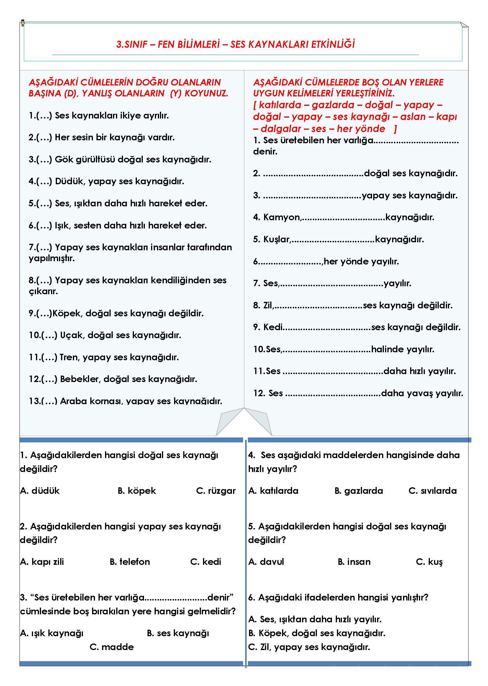 3. Sınıf Fen Bilimleri - Ses Kaynakları Etkinliği