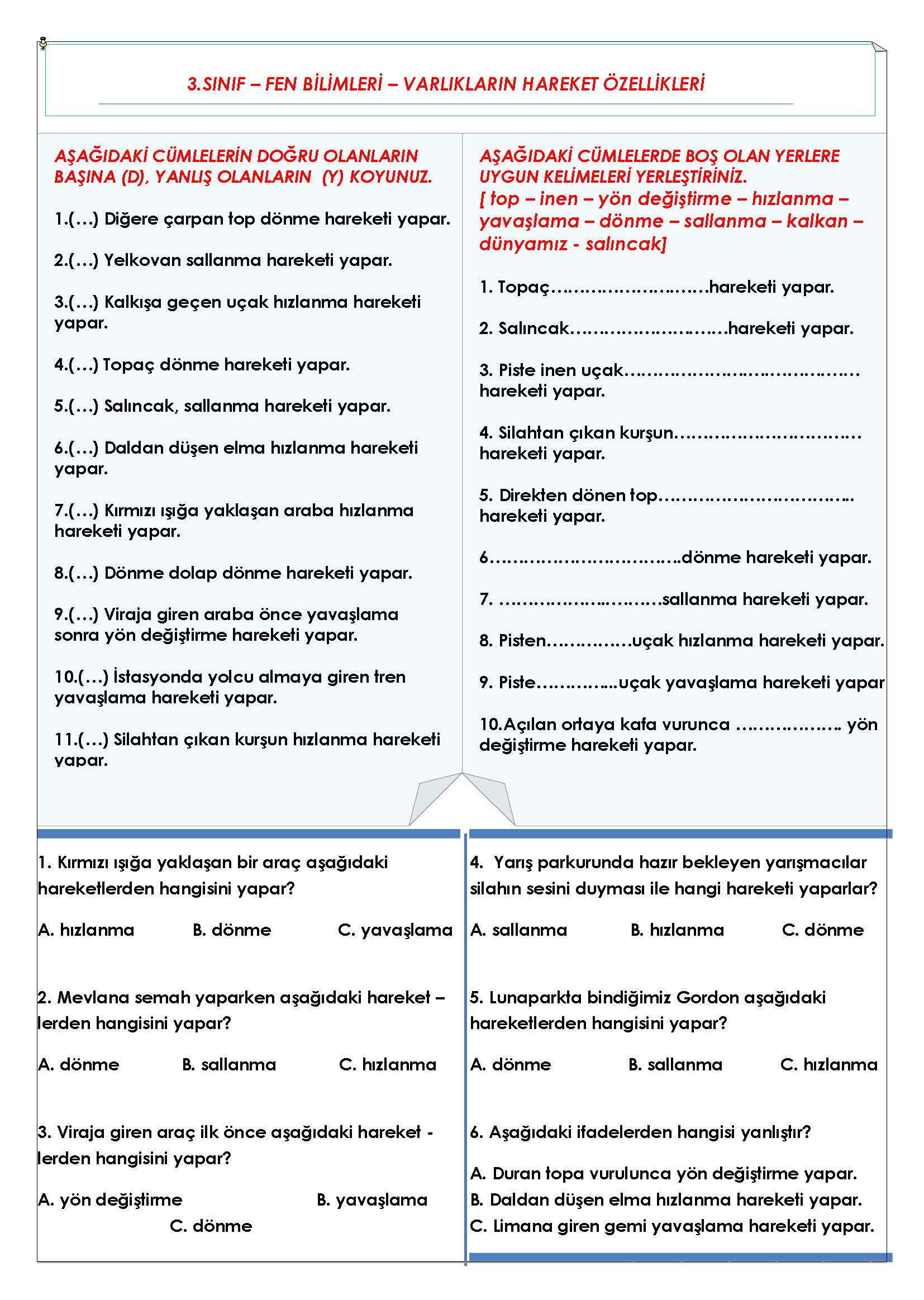 3. Sınıf Fen Bilimleri - Varlıkların Hareket Özellikleri Etkinliği