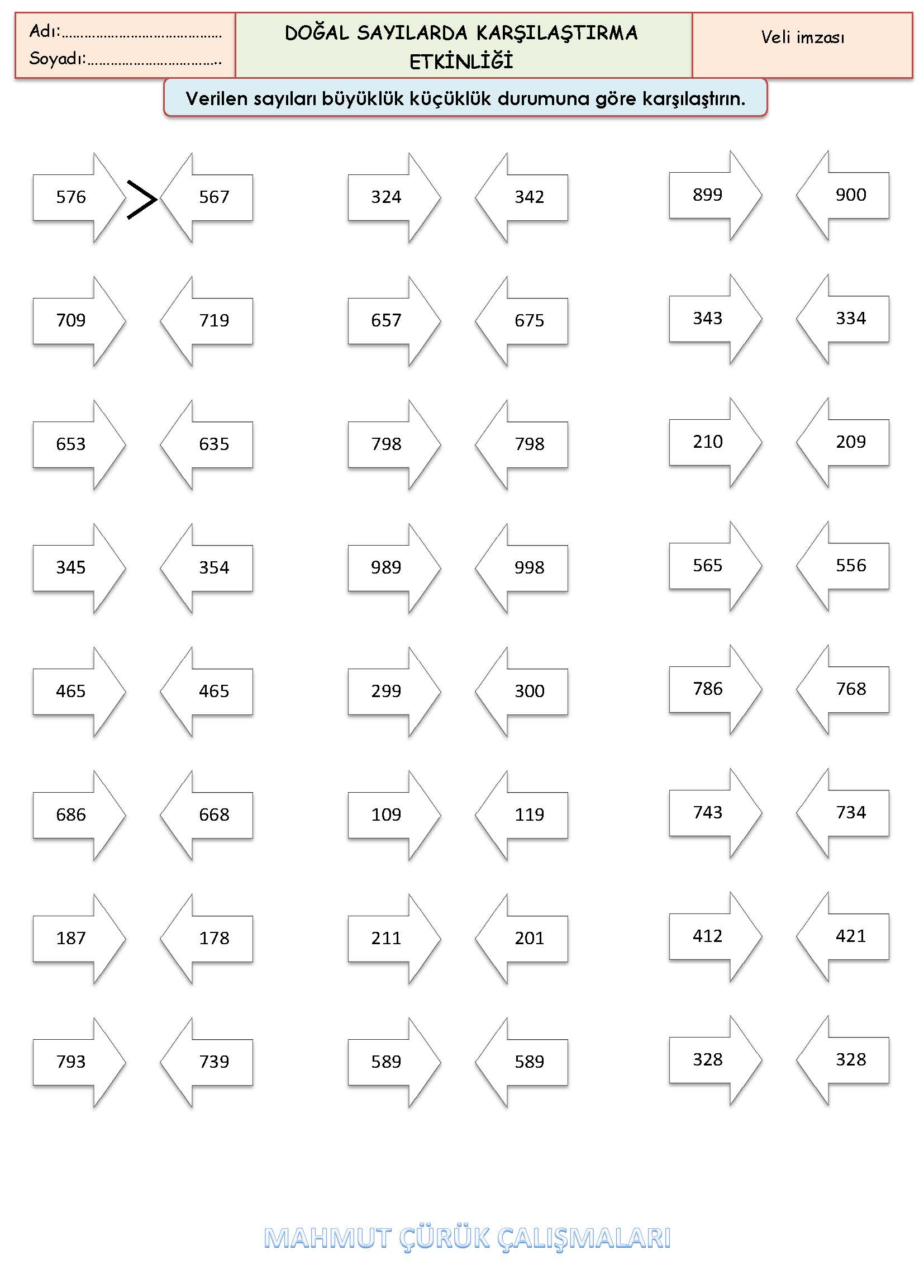 3. Sınıf Matematik Doğal Sayılarda Karşılaştırma Etkinliği