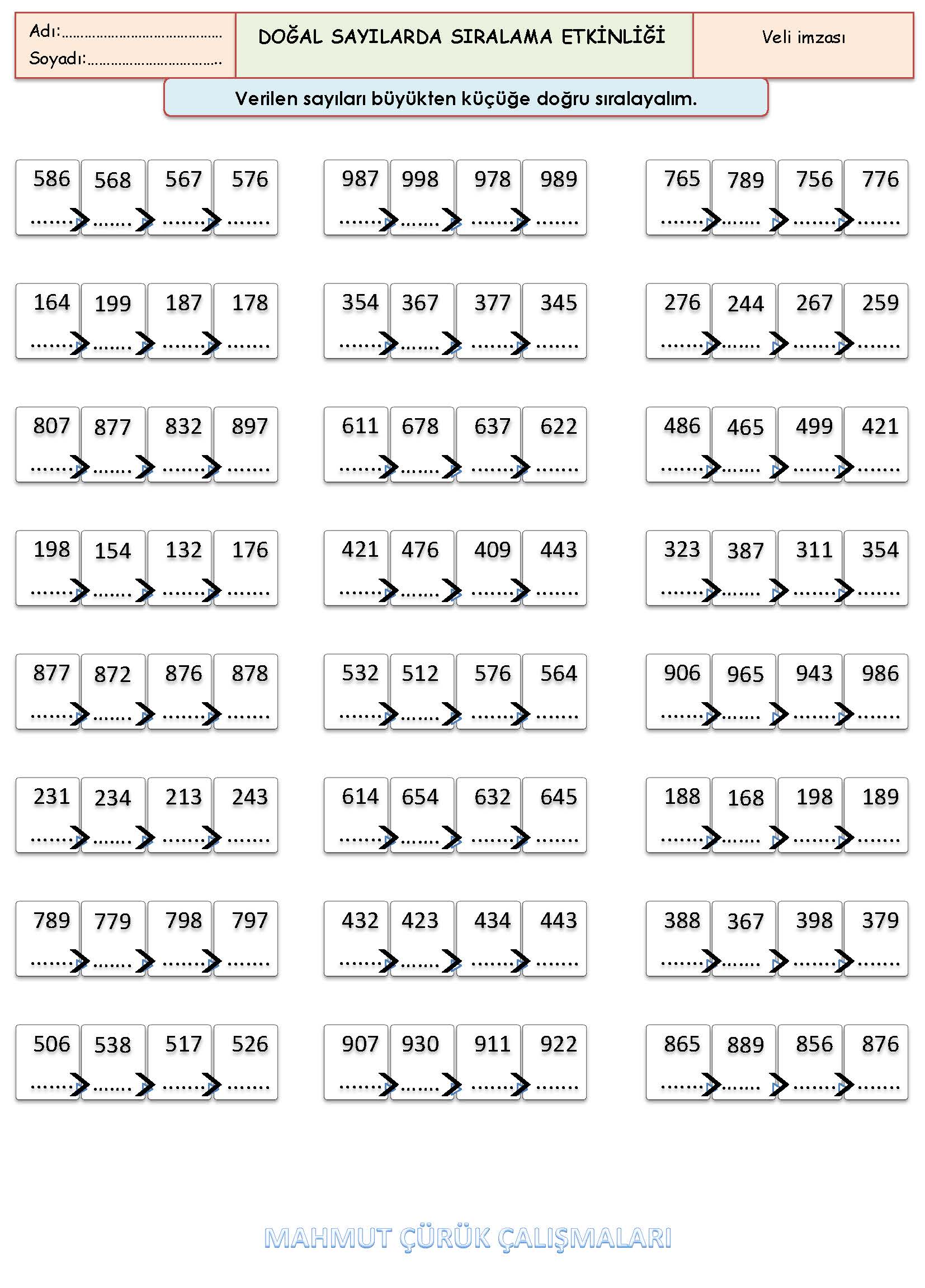 3. Sınıf Matematik Doğal Sayılarda Sıralama Etkinliği