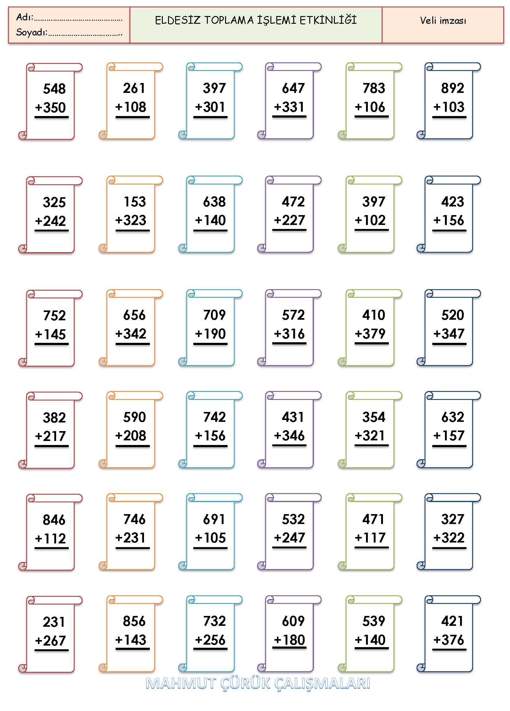 3. Sınıf Matematik Eldesiz Toplama İşlemi Etkinliği