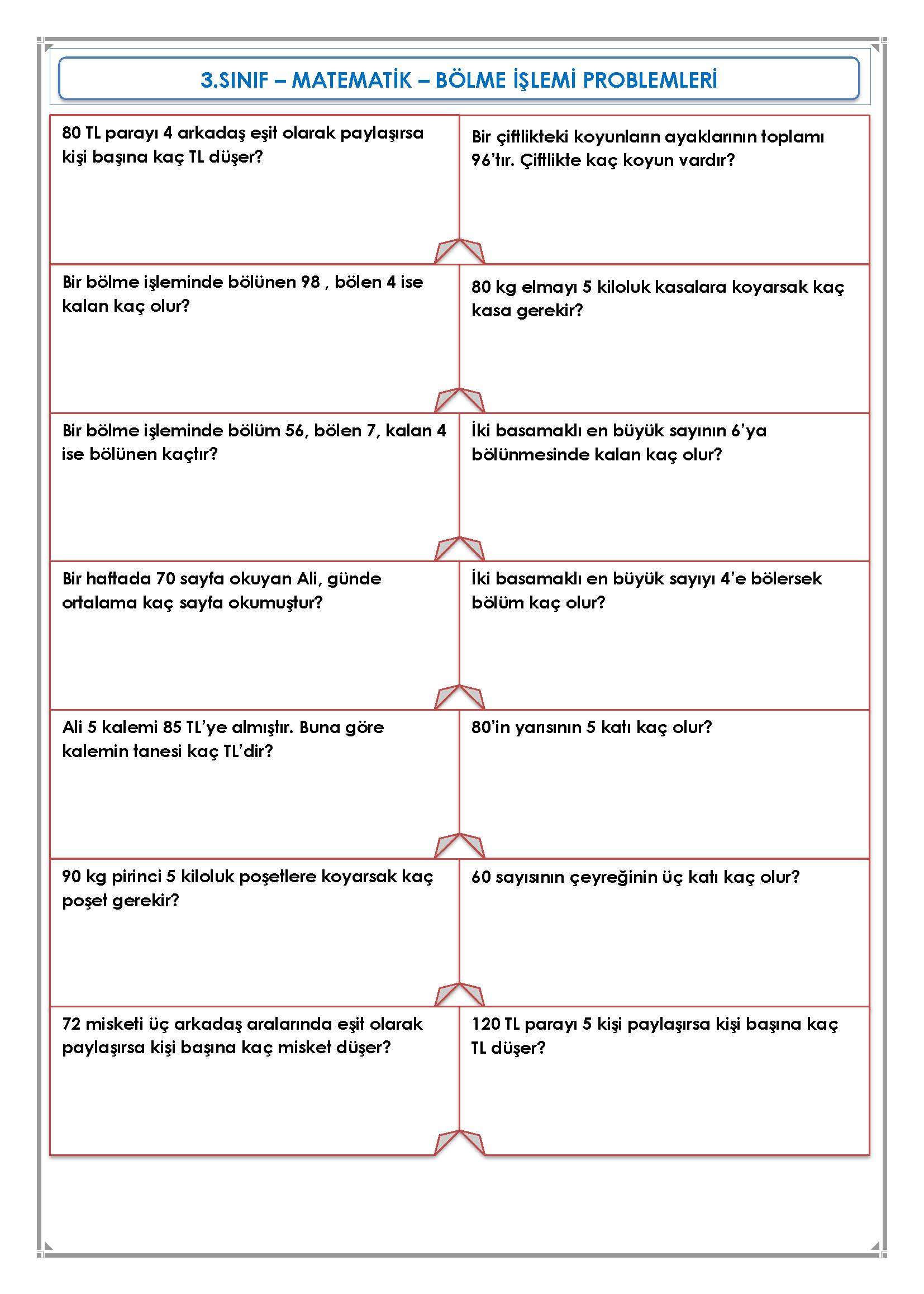3. Sınıf Matematik Bölme İşlemi Problemleri