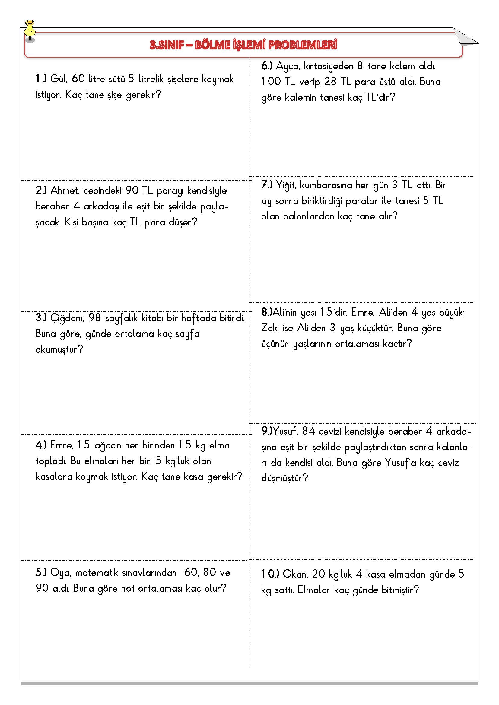 3. Sınıf Matematik Bölme Problemleri