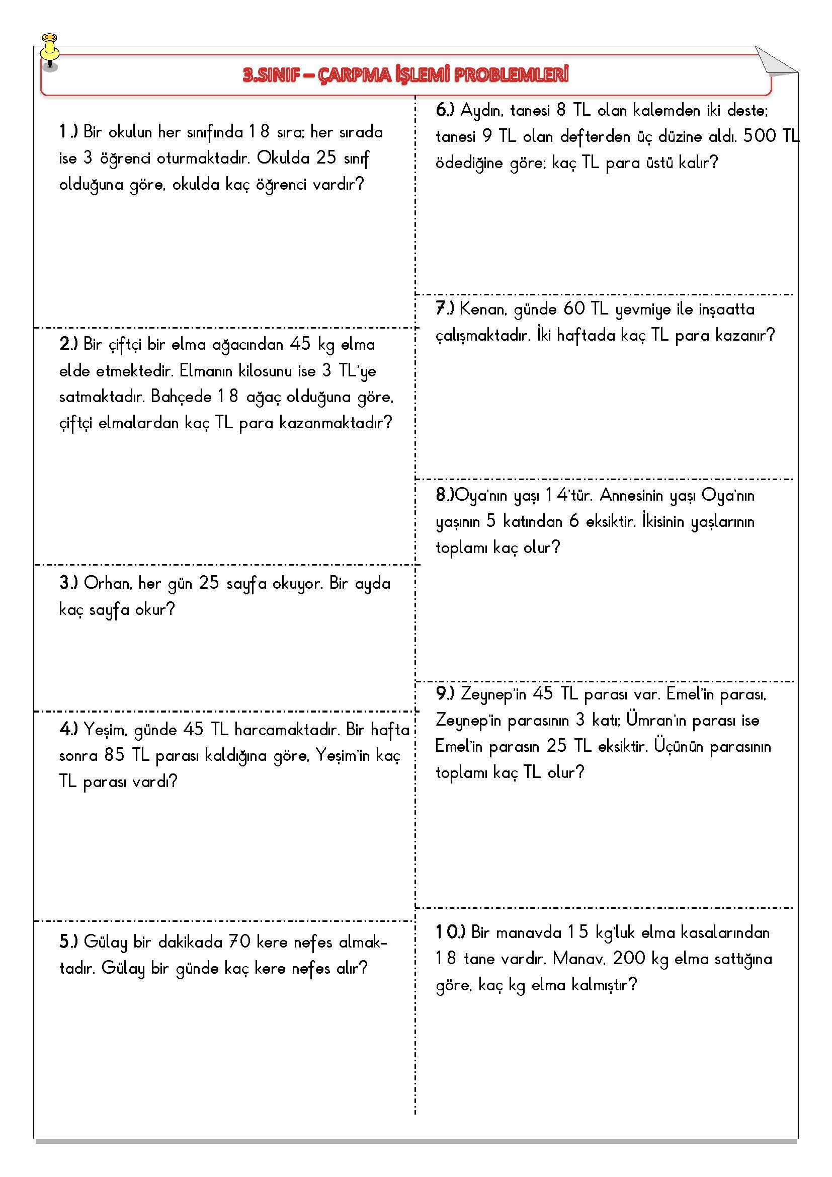 3. Sınıf Matematik Çarpma Problemleri