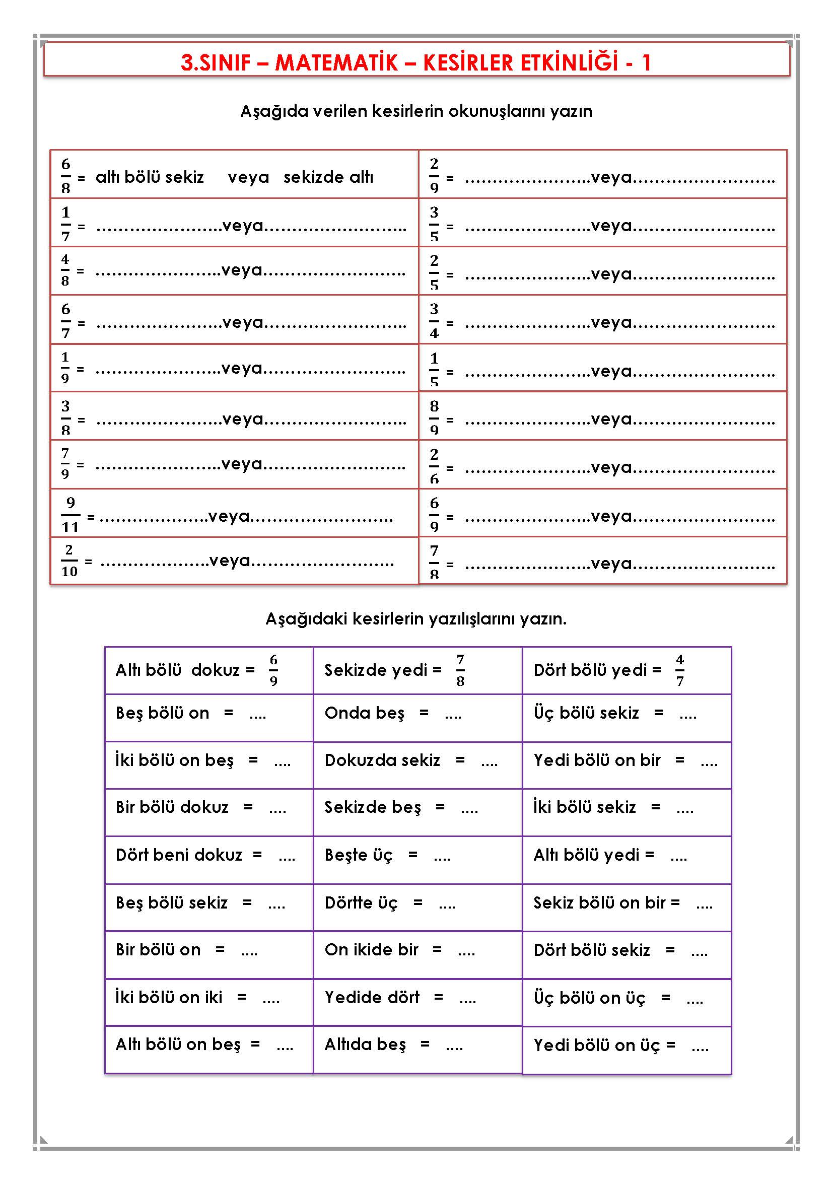3. Sınıf Matematik Kesirler Etkinliği
