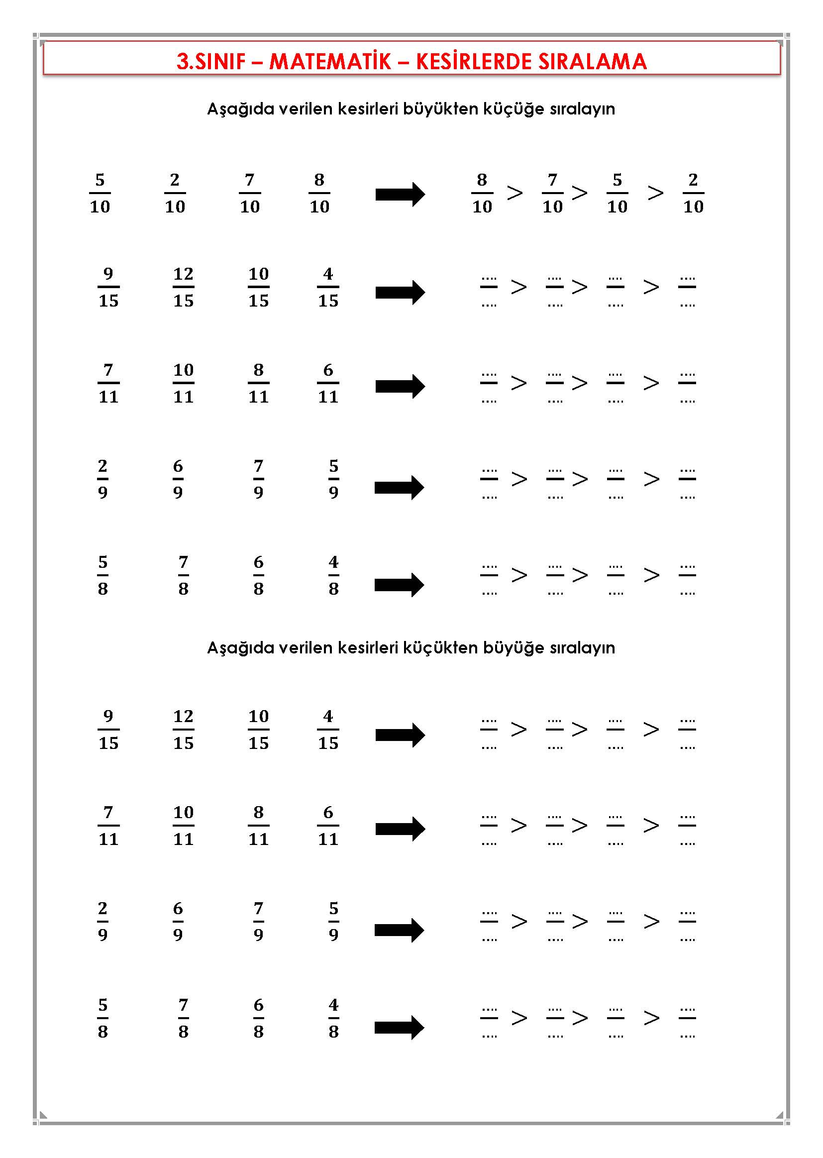 3. Sınıf Matematik Kesirlerde Sıralama Etkinliği