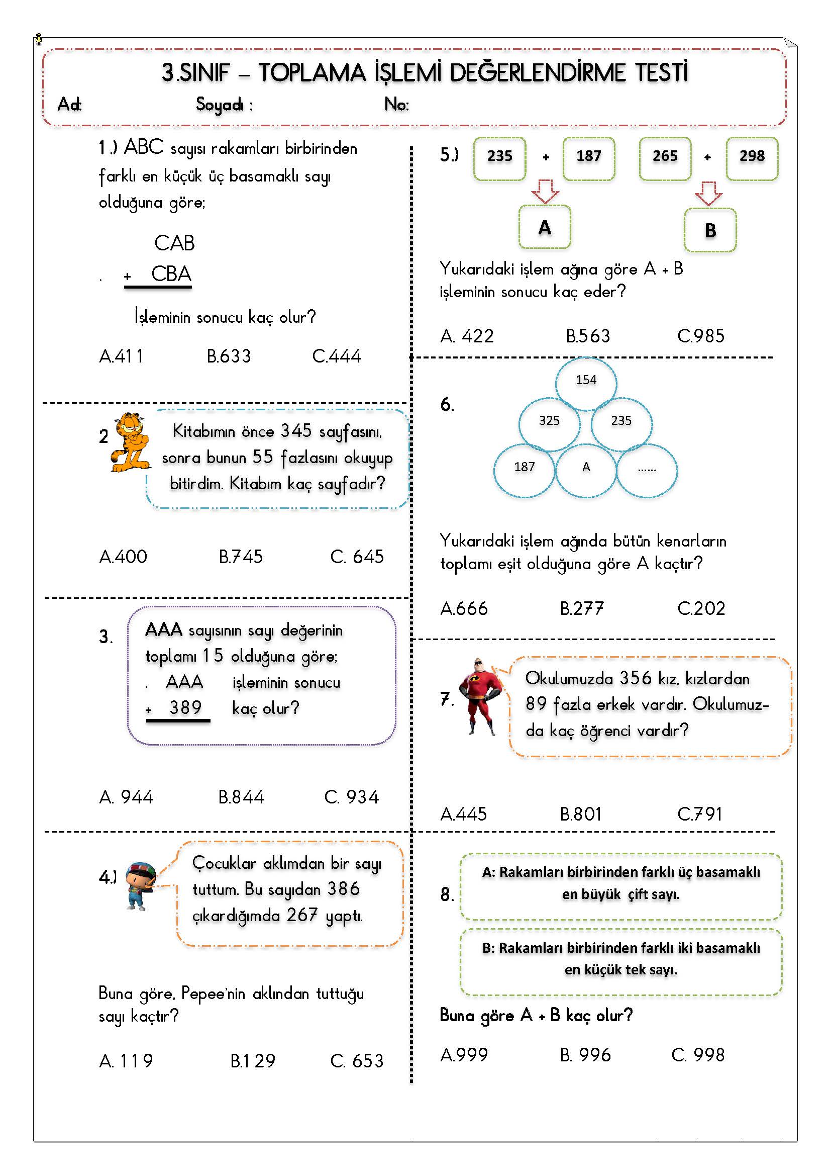 3. Sınıf Matematik Toplama İşlemi Testi