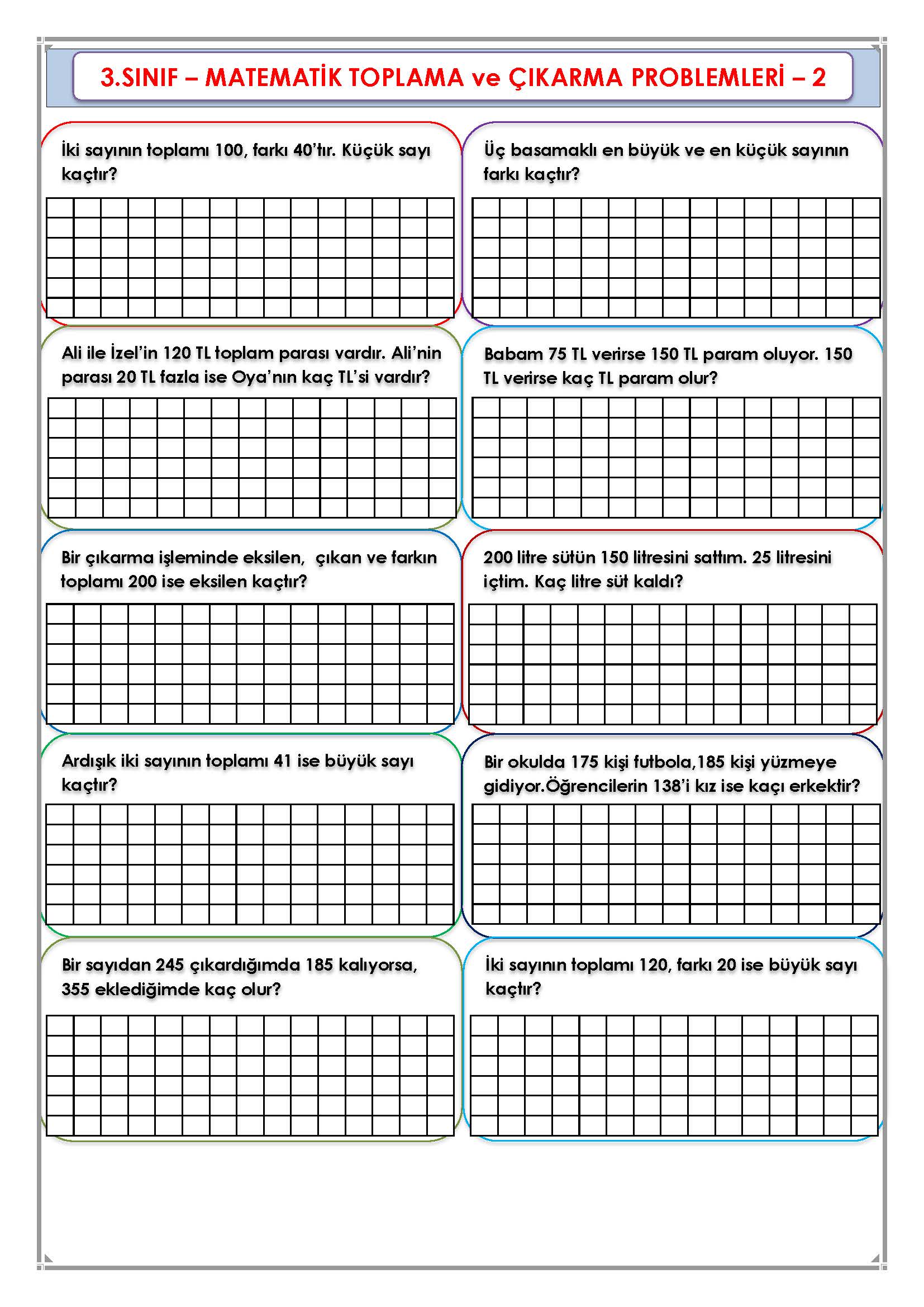 3. Sınıf Matematik Toplama ve Çıkarma İşlemi Problemleri -2