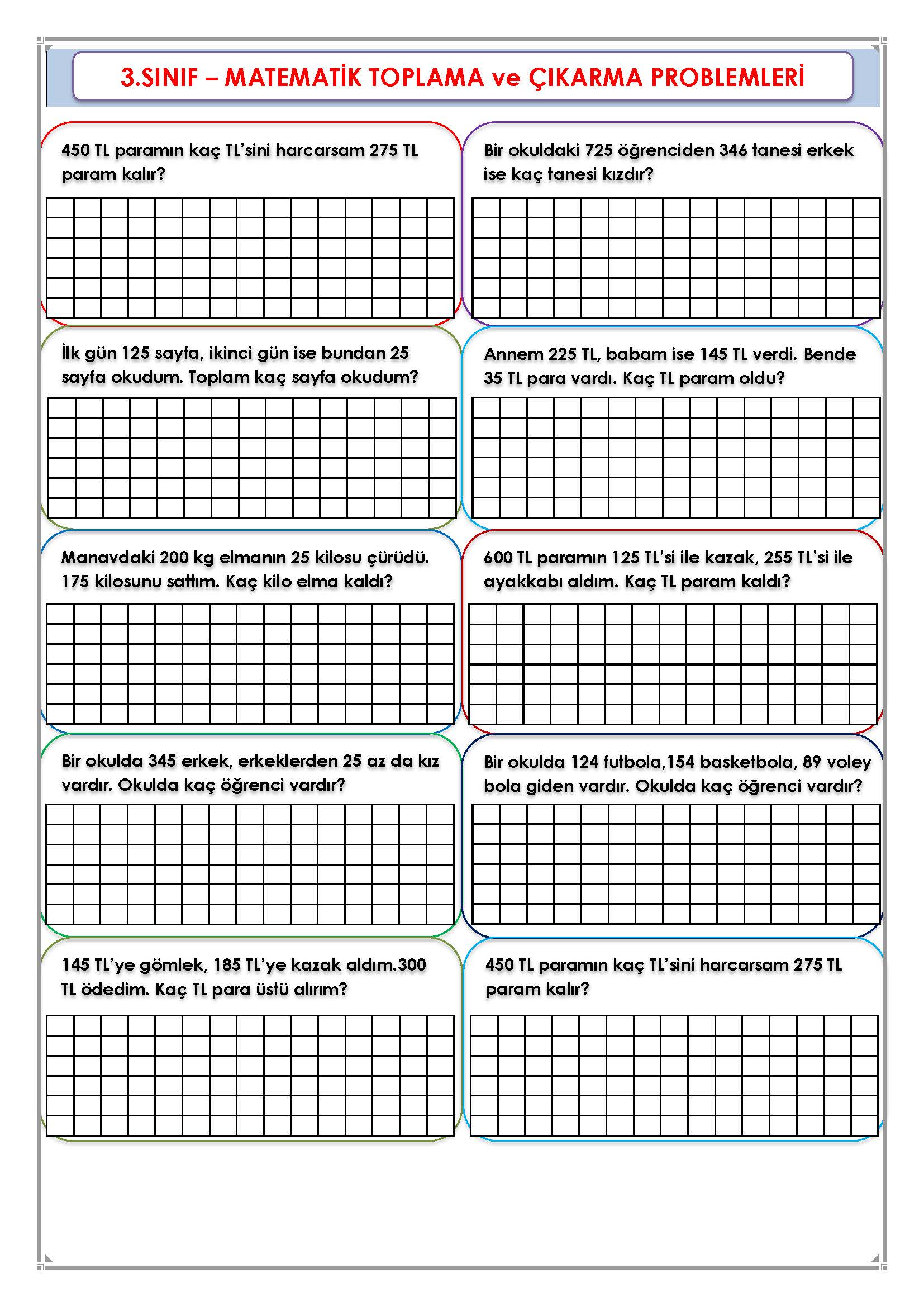 3. Sınıf Matematik Toplama ve Çıkarma İşlemi Problemleri