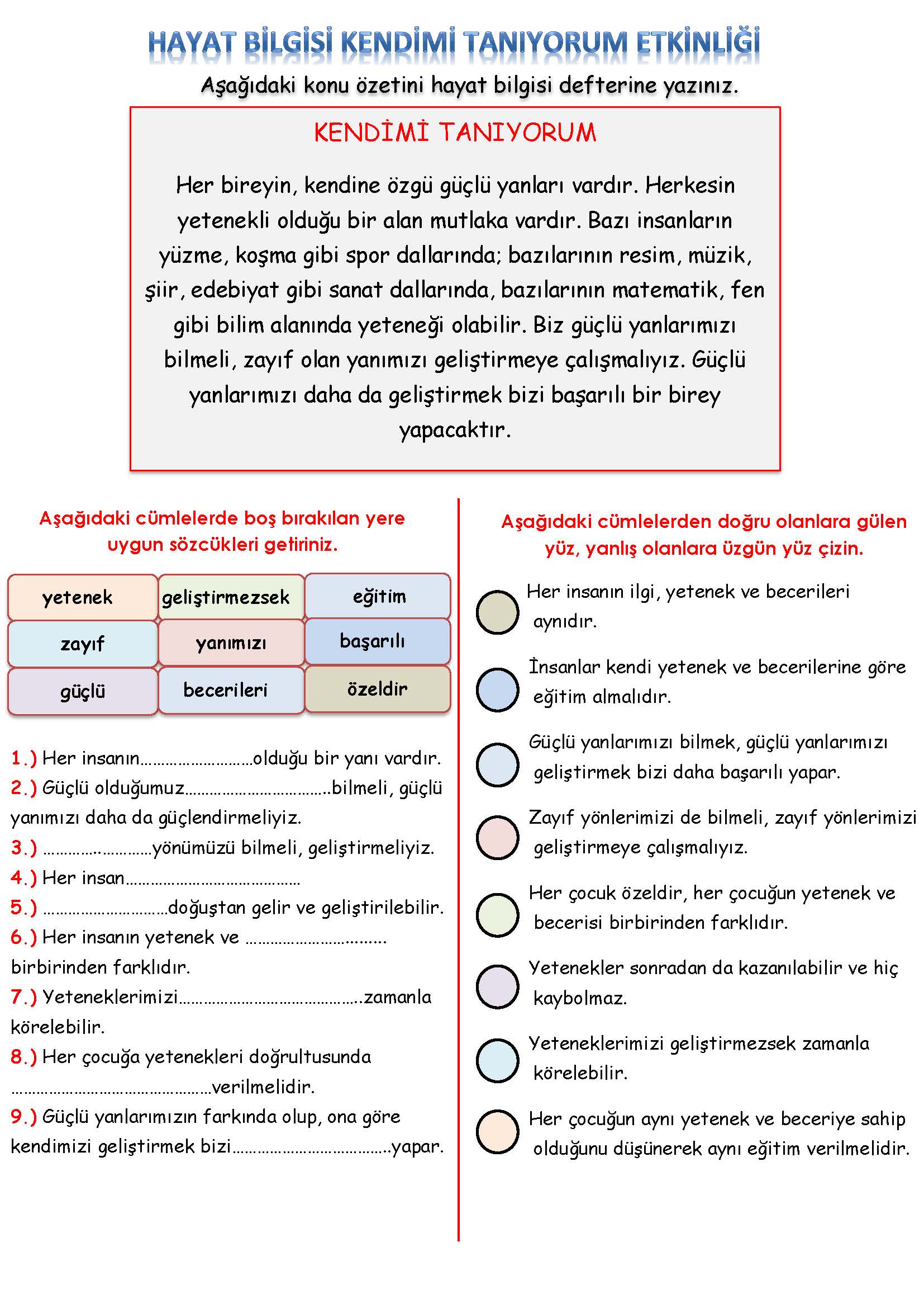 3. Sınıf Hayat Bilgisi Kendimi Tanıyorum Etkinliği