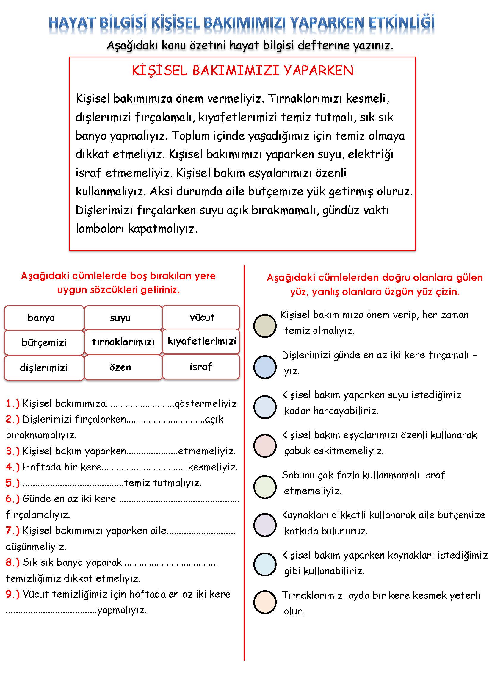 3. Sınıf Hayat Bilgisi Kişisel Bakımımızı Yaparken Etkinliği